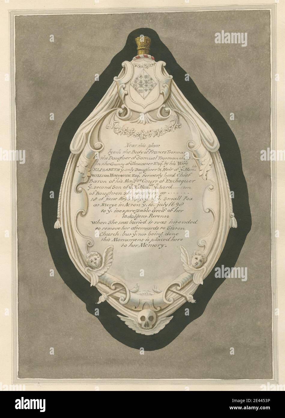 Attribuito a Daniel Lysons, 1762â–1834, British, Memorial a Fraces Trotman della chiesa di Acton, tra il 1796 e il 1811. Penna e inchiostro nero e acquerello su carta di media, leggermente testurizzata, crema di wove. Soggetto architettonico , chiesa , memoriale. Acton , Inghilterra , Grande Londra , Londra , St Mary's Church , Regno Unito. Trotman, Frances (1696-1698), figlia di Samuele Trotman di Siston Gloucs. Foto Stock Attribuito a Daniel Lysons, 1762â–1834, British, Memorial a Fraces Trotman della chiesa di Acton, tra il 1796 e il 1811. Penna e inchiostro nero e acquerello su carta di media, leggermente testurizzata, crema di wove. Soggetto architettonico , chiesa , memoriale. Acton , Inghilterra , Grande Londra , Londra , St Mary's Church , Regno Unito. Trotman, Frances (1696-1698), figlia di Samuele Trotman di Siston Gloucs. Foto Stock