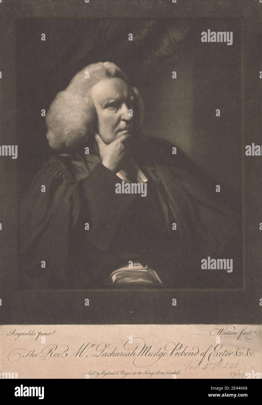James Watson, 1740â–1790, British, Reverendo Zachariah Mudge, Prebend of Exeter, 1769. Mezzotinta su carta media, leggermente testurizzata, beige, carta deposta. Libro , contemplazione , sopracciglia , ritratto , soggetto religioso e mitologico , abiti , ombre , parrucca. Mudge, Zachariah (1694â–1769), ecclesiastico inglese Foto Stock