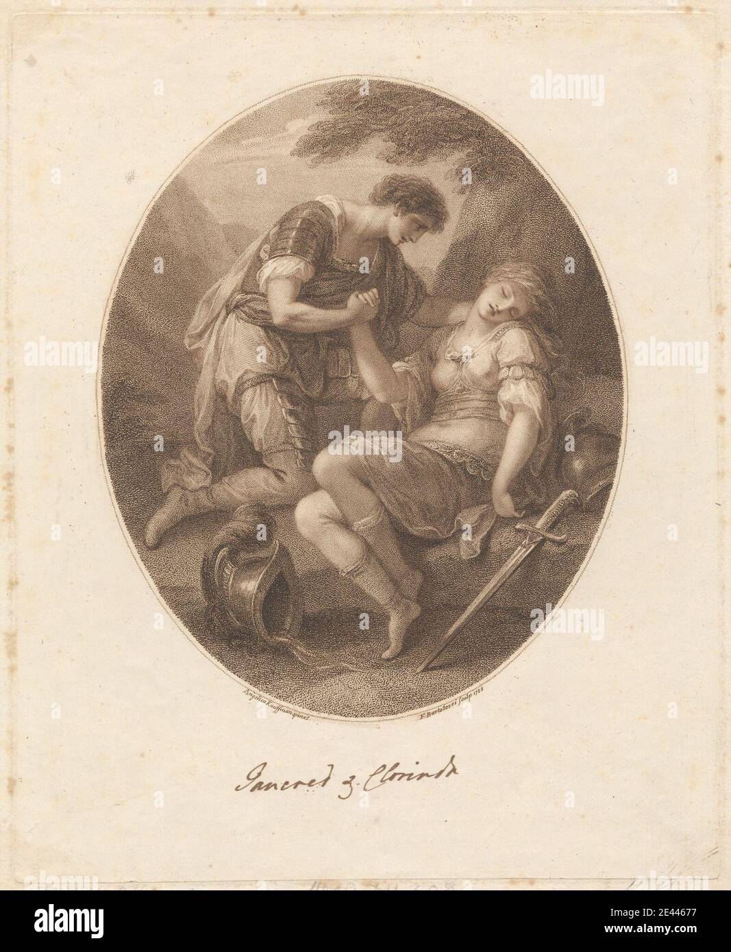 Stampa di Francesco Bartolozzi RA, 1728â–1815, italiano, attivo in Gran Bretagna (1764â–99), Tancred e Clorinda, 1785. Mezzotint e incisione su carta media, moderatamente testurizzata, crema posata. Battaglia , religione cristiana , cristianesimo , morte , morire , epiche , piuma , caschi , Islam , Islamico (musulmano) , Gerusalemme , Gerusalemme consegnato, 1581 , cavalieri , tema letterario , amore , amanti , mitologia , Ritratto , spada , la prima Crociata , alberi , valle , guerre. Tancred Clorinda Foto Stock