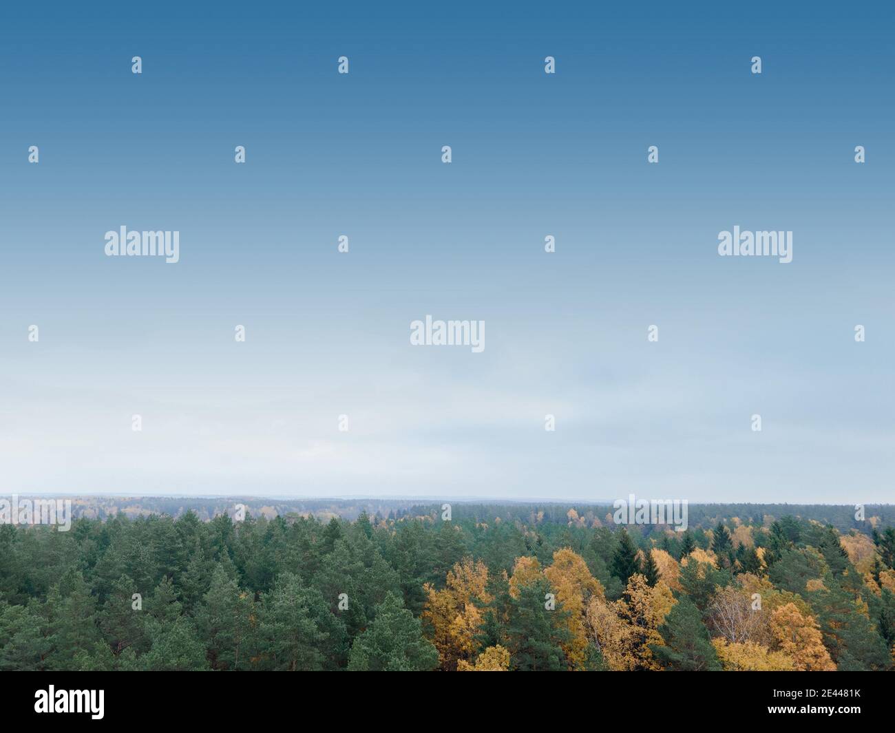 Vista panoramica da un drone volante, cielo blu e nuvole bianche e grigie. Sfondo texture per il design Foto Stock