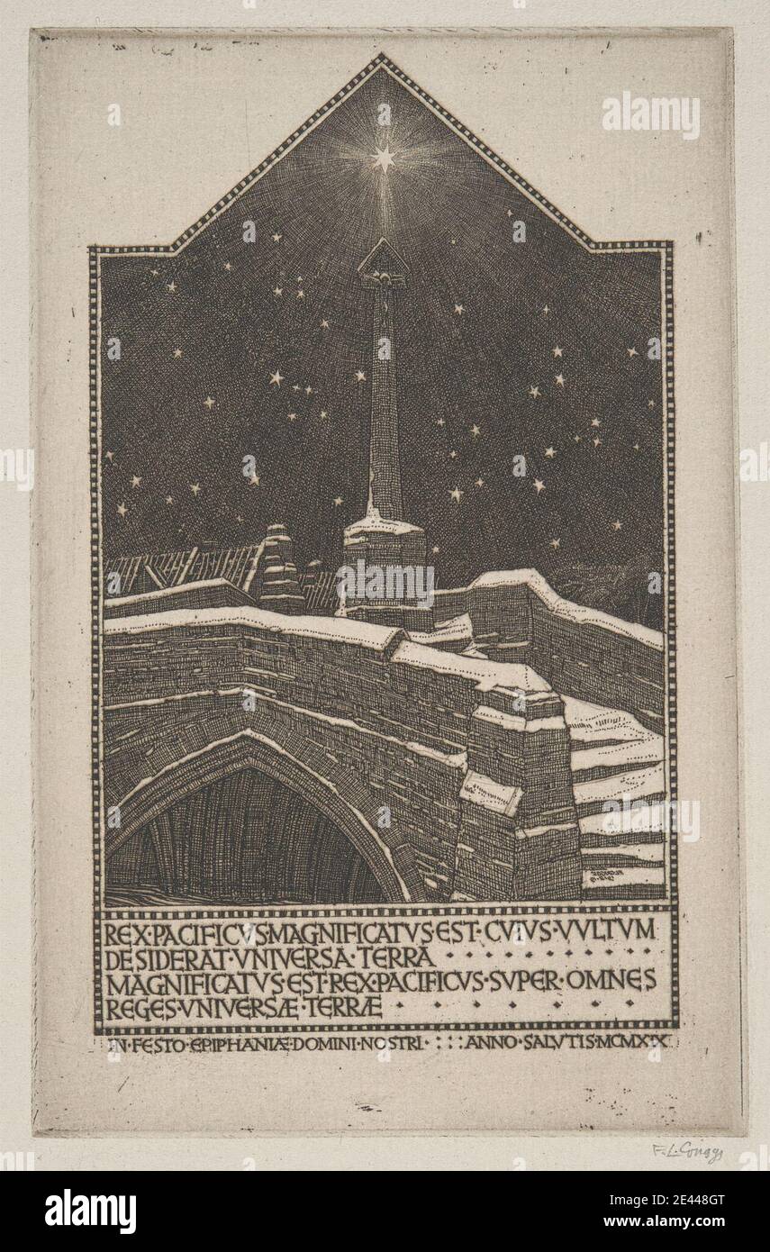Frederick Landseer Maur Griggs, 1876â–1938, British, Epiphany, 1919. Incisione. Allegoria , arco , soggetto architettonico , ponte (opera costruita) , camini , colonna (elemento architettonico) , coperture , crocifisso , Epifania (festa) , case , notte , piedistallo , travi , soggetto religioso e mitologico , simbolismo religioso , tetti , rovine , cielo , neve , stelle (corpi extraterrestri) , gradini , pietra , ruscello , alberi. Gesù Foto Stock