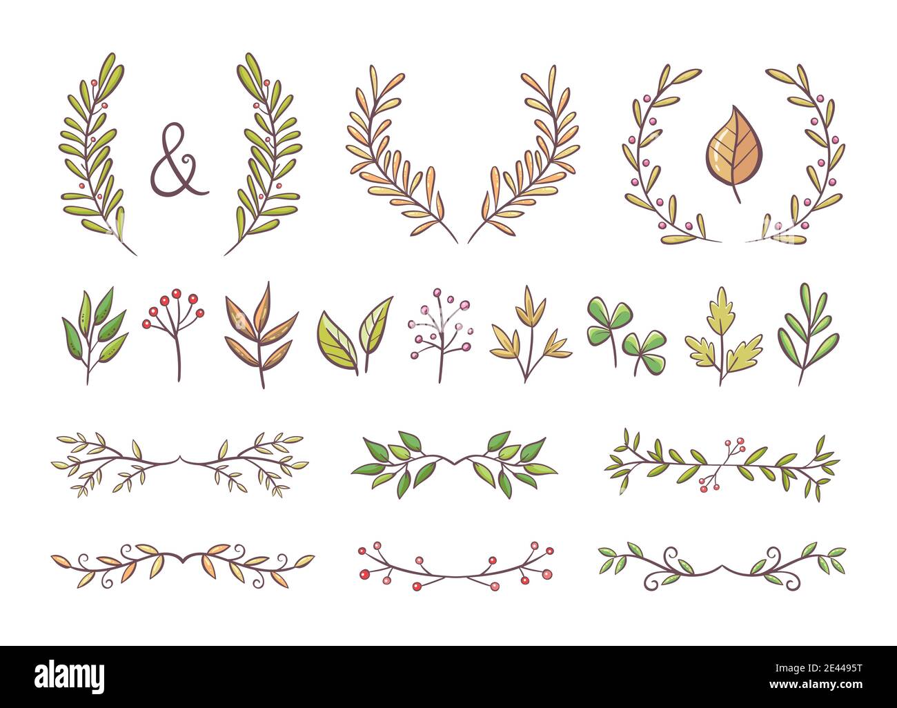 Ornamenti floreali colorati. Corone disegnate a mano e divisori di testo fatti di rami con foglie e bacche. Elementi isolati. Perfetto per invito ca Illustrazione Vettoriale