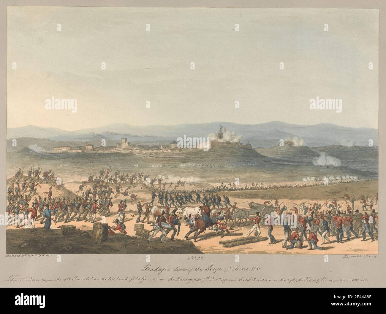 Charles Turner, 1774â–1857, British, No.12 Badajos durante l'assedio del 1811 giugno 1811. Acquatinto, colorato. Esercito, assedio. Badajoz , Estremadura , Spagna Foto Stock