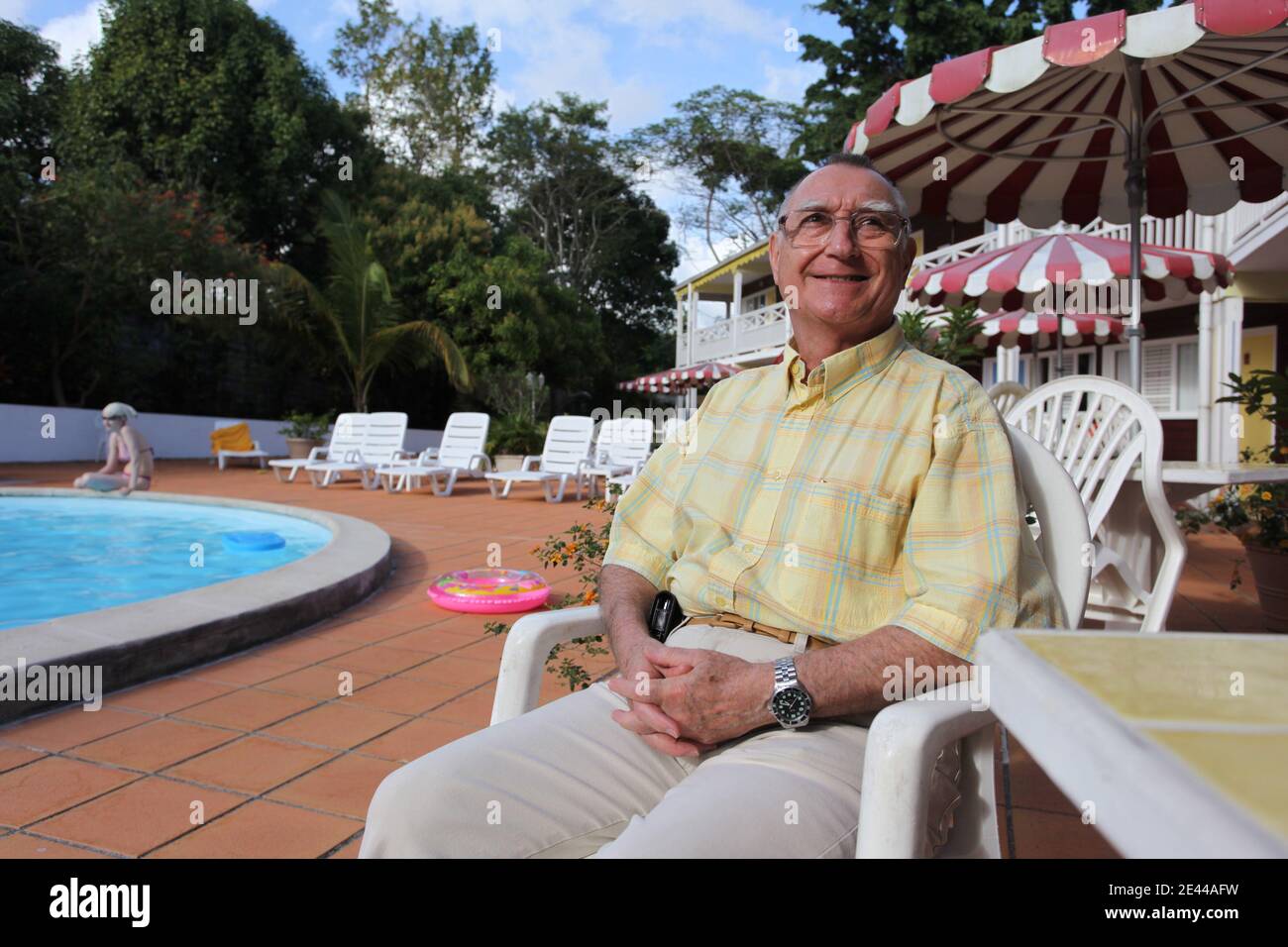 "Nicolas Vion, hotelier et directeur d'une Federation des hoteliers guadeloupeens dans son hotel 'Maison Creole' a Gosier, Guadalupa, Francia le 10 avril 2009. Foto Julien Tack/ABACAPRESS.COM' Foto Stock