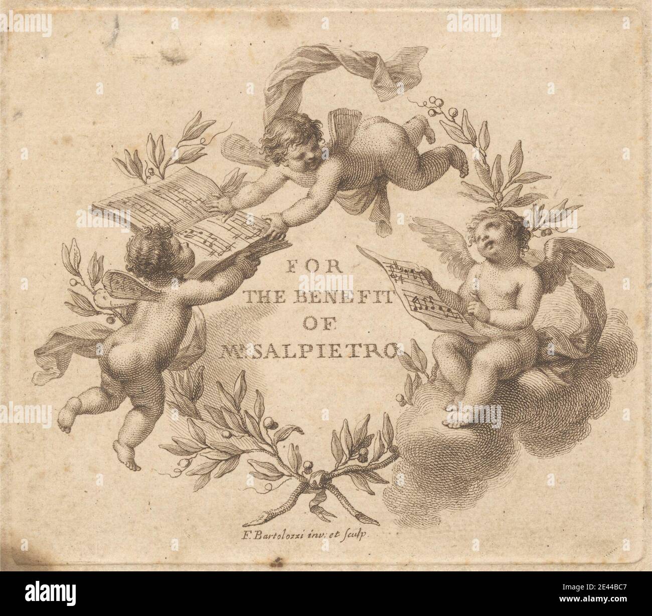 Francesco Bartolozzi RA, 1728â–1815, italiano, attivo in Gran Bretagna (1764â–99), biglietto a beneficio del Sig. SAL Pietro. Incisione e incisione su carta leggermente testurizzata, di spessore moderato, con crema. Foto Stock