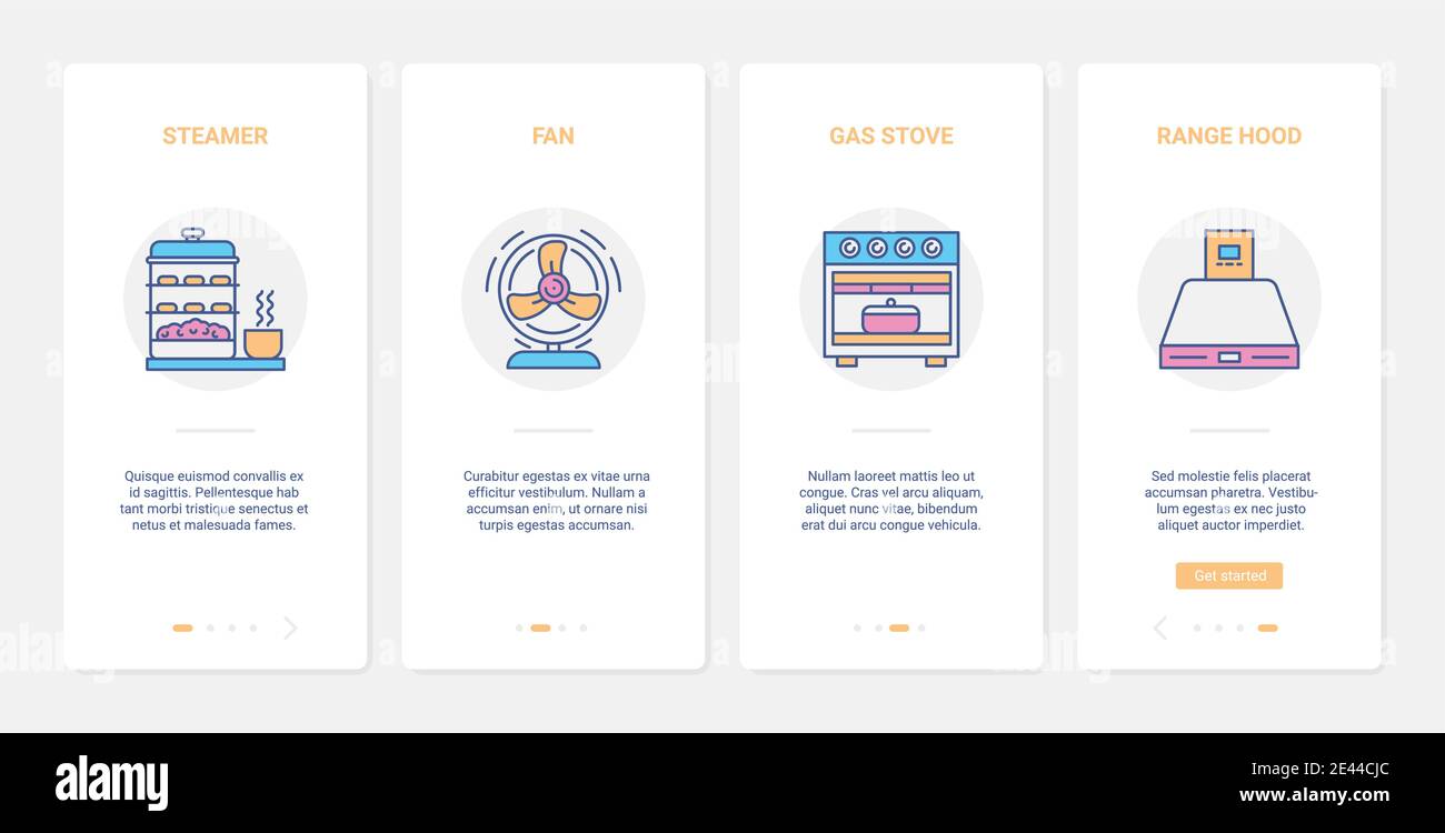 Illustrazione vettoriale delle apparecchiature domestiche. UX, UI onboarding mobile app page screen set con linea elettrodomestici da cucina, vaporiera e stufa a gas per la cottura di alimenti, gamma di simboli ventola cappa Illustrazione Vettoriale