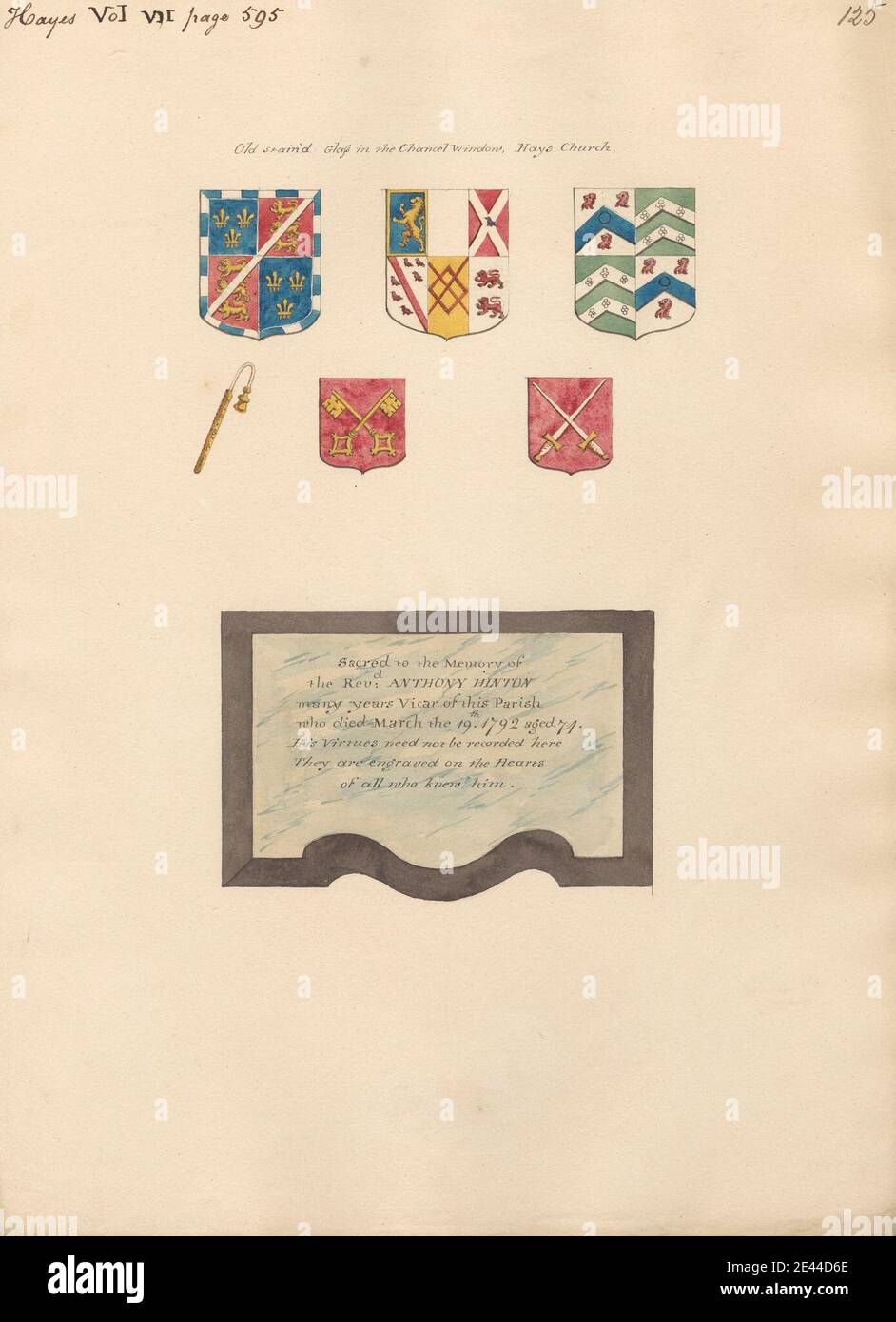 Attribuito a Daniel Lysons, 1762â–1834, British, Old Stained Glass nel Chanel Window aslo Memorial al reverendo Anthony Hilton di Hayes, tra il 1796 e il 1811. Penna e inchiostro nero, acquerello e gouache su grafite media, leggermente testurizzata, carta di wove crema. Soggetto architettonico , chiesa , monumento , vetrate. Inghilterra , Grande Londra , Londra , Regno Unito Foto Stock