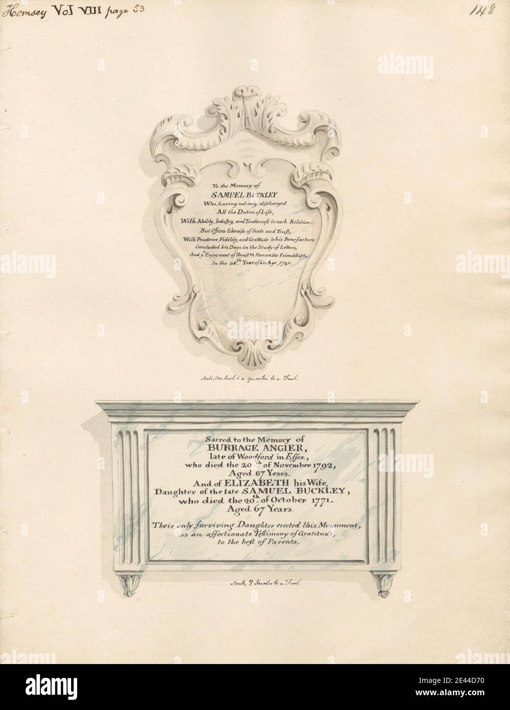 Attribuito a Daniel Lysons, 1762â–1834, British, Memorial a Samuel Buckley, anche a Burrage ed Elizabeth Angler, tra il 1796 e il 1811. Penna e inchiostro nero e acquerello su grafite su carta media, leggermente testurizzata, crema wove. Soggetto architettonico , chiesa , monumento. Inghilterra , Grande Londra , Londra , Regno Unito Foto Stock Attribuito a Daniel Lysons, 1762â–1834, British, Memorial a Samuel Buckley, anche a Burrage ed Elizabeth Angler, tra il 1796 e il 1811. Penna e inchiostro nero e acquerello su grafite su carta media, leggermente testurizzata, crema wove. Soggetto architettonico , chiesa , monumento. Inghilterra , Grande Londra , Londra , Regno Unito Foto Stock
