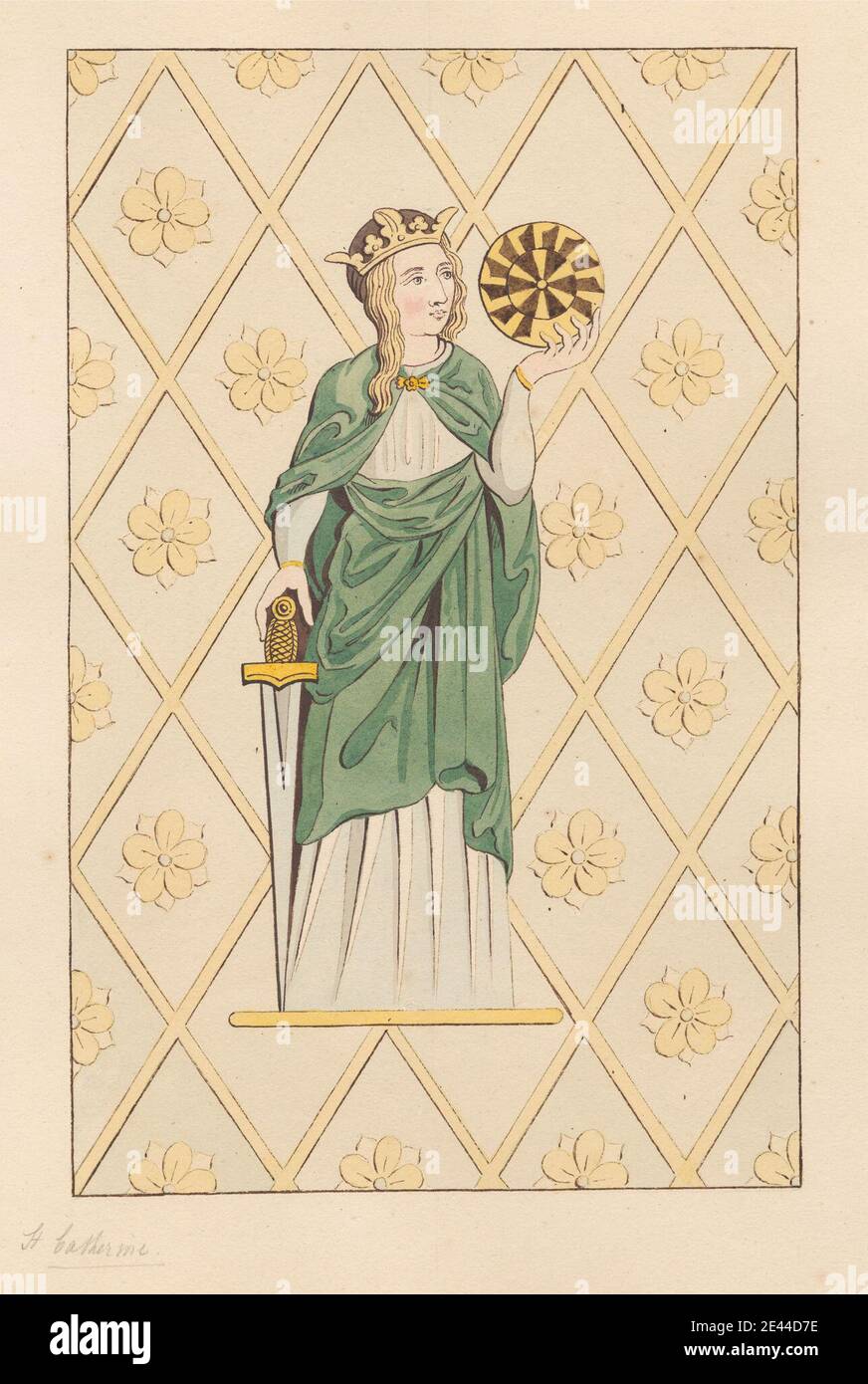 Attribuito a Daniel Lysons, 1762â–1834, British, vetrate di Santa Caterina dalla Chiesa di Heston, tra il 1796 e il 1811. Penna e inchiostro nero, acquerello e gouache su grafite media, leggermente testurizzata, carta wove crema. Soggetto architettonico , chiesa , monumento , vetrate , finestra. Inghilterra , Grande Londra , Heston , Londra , St Leonard Church , Regno Unito Foto Stock