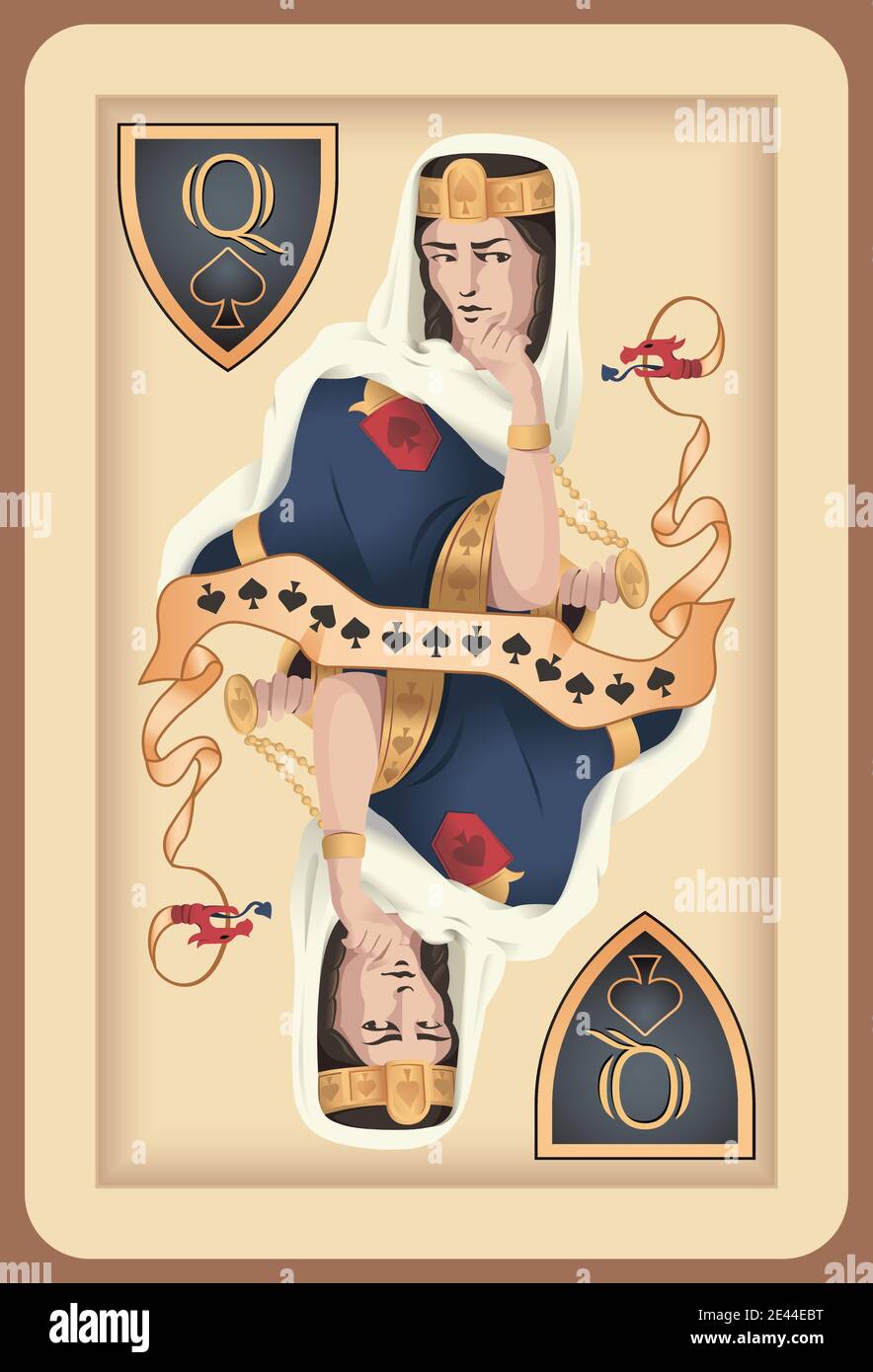 Carta da gioco classica regina spades. Illustrazione Vettoriale