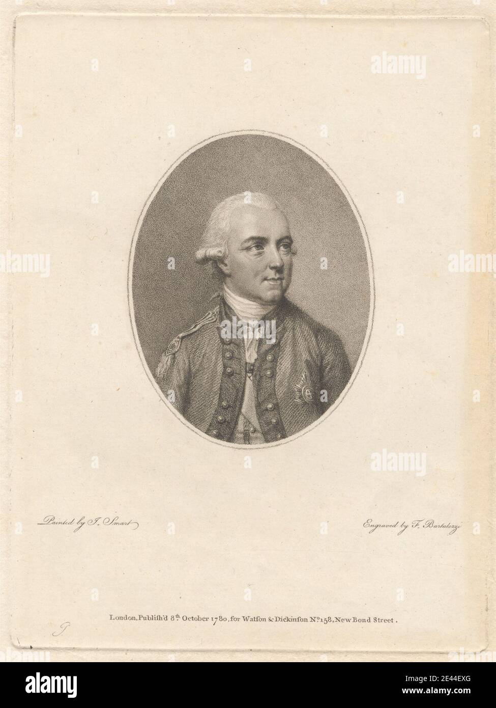 Stampa di Francesco Bartolozzi RA, 1728â–1815, italiano, attivo in Gran Bretagna (1764â–99), Sir Henry Clinton, 1780. Incisione a stipsi su carta leggermente spessa, moderatamente testurizzata, crema posata. Esercito , costume , ricci , generale , uomo , ufficiale (ufficiale militare) , ovale , politico , ritratto. Clinton, Sir Henry (1730â–1795), ufficiale dell'esercito Foto Stock