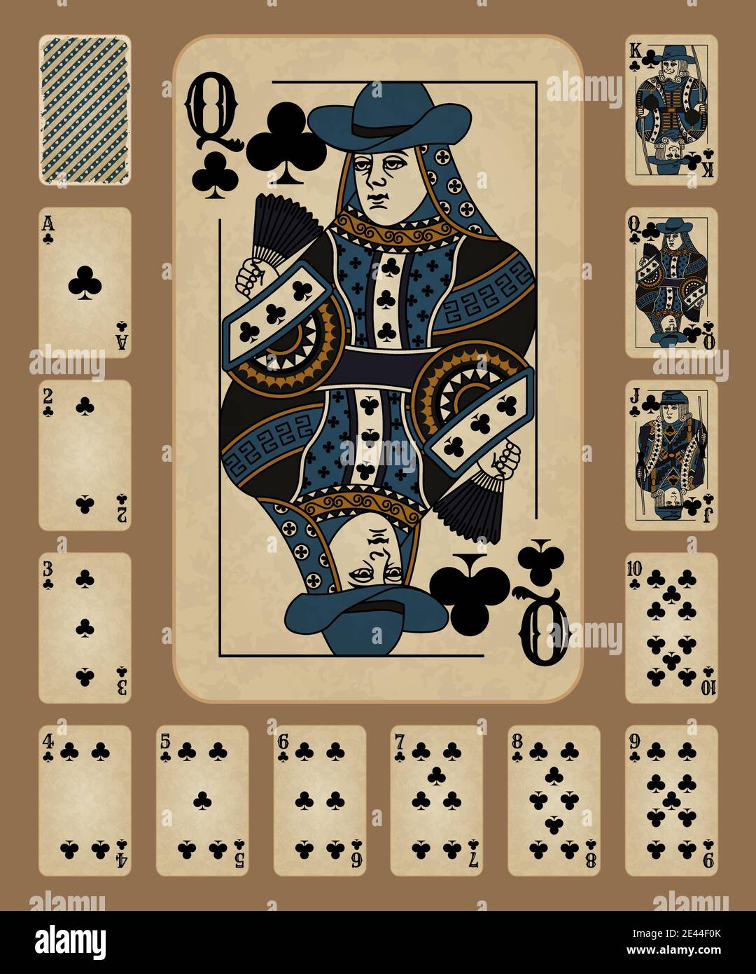 Carte da gioco in stile Clubs Western. Illustrazione vettoriale. Design originale. Illustrazione Vettoriale