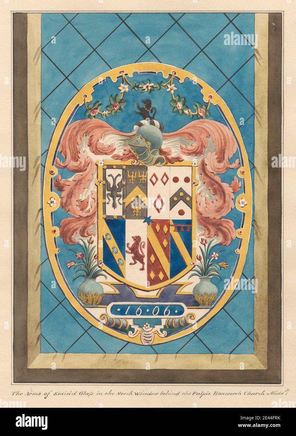 Daniel Lysons, 1762â–1834, inglese, stemma in vetrata dietro la chiesa di Hanworth, dal 1796 al 1811. Penna e inchiostro nero, acquerello e gouache su grafite media, leggermente testurizzata, carta di wove crema. Soggetto architettonico , chiesa , stemma , memoriale. Feltham , Greater London , Hanworth , Londra , St Dunstan's Church , Regno Unito Foto Stock
