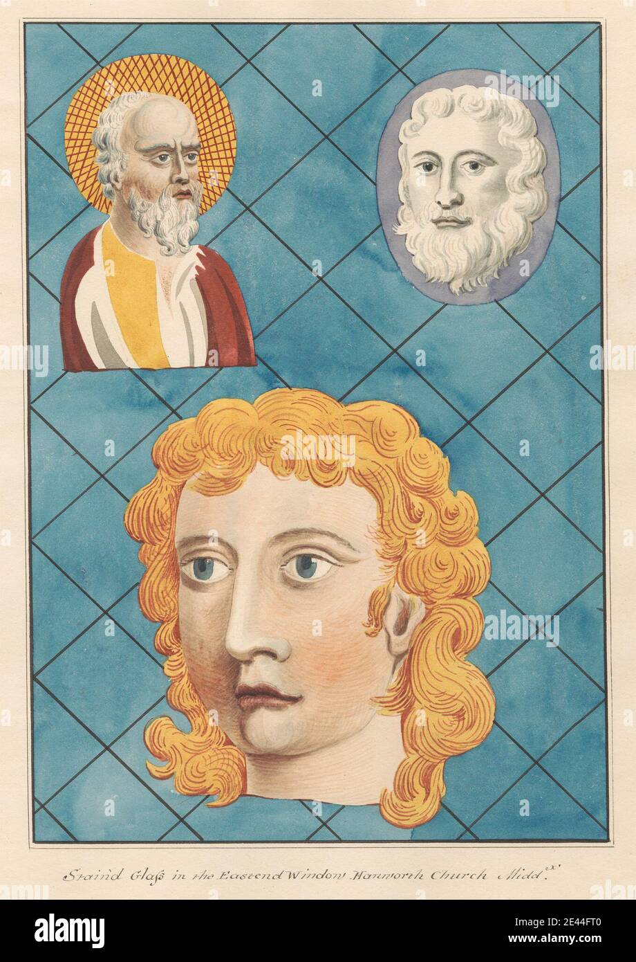 Daniel Lysons, 1762â–1834, British, vetrate nella finestra orientale della chiesa di Hanworth, tra il 1796 e il 1811. Penna e inchiostro nero, acquerello e gouache su grafite media, leggermente testurizzata, carta wove crema. Soggetto architettonico , chiesa , monumento , vetrate , finestra. Inghilterra , Feltham , Grande Londra , Hanworth , Londra , St Dunstan's Church , Regno Unito Foto Stock