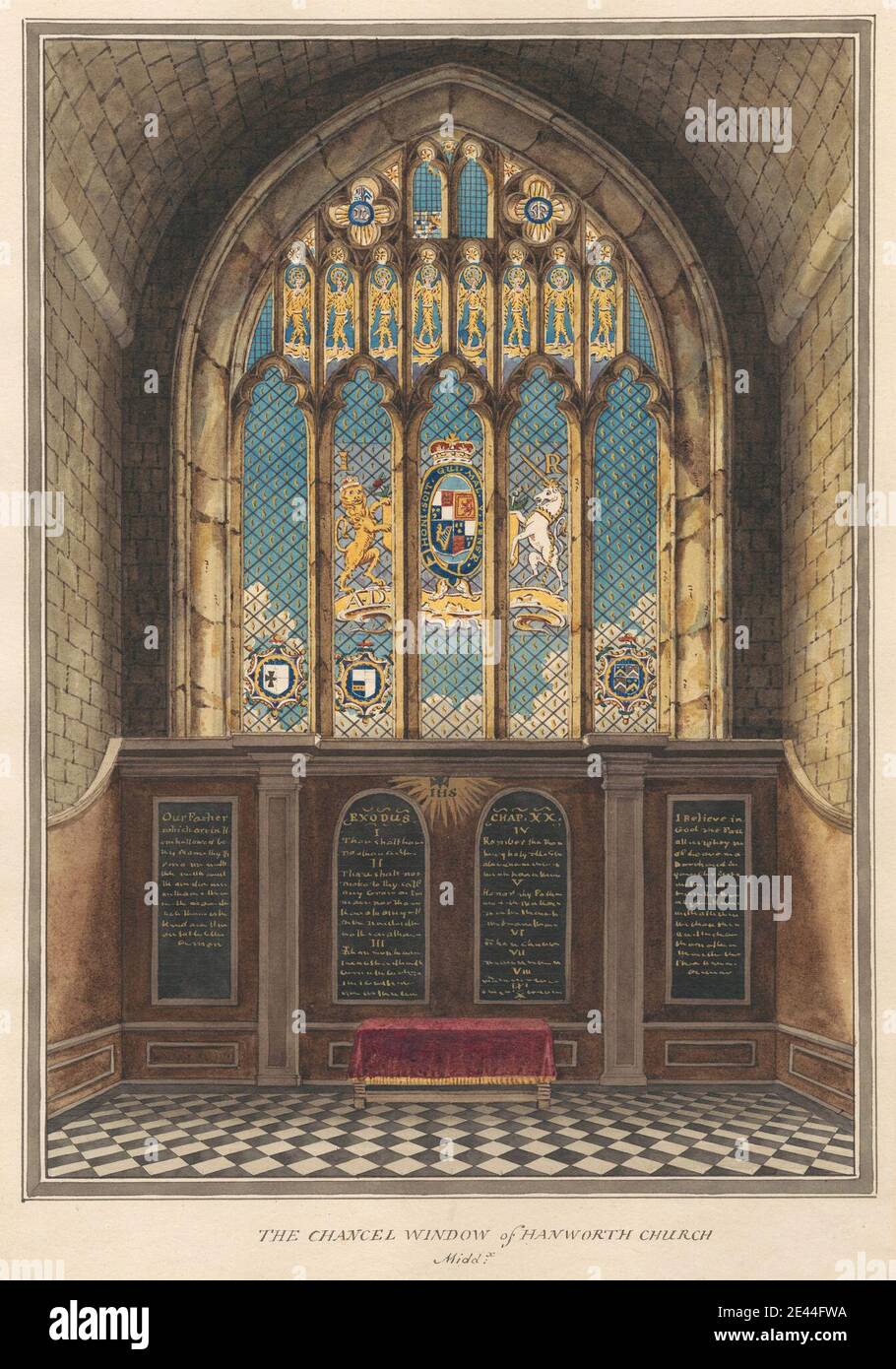 Daniel Lysons, 1762â–1834, British, The Chancel Window of Hanworth Church, tra il 1796 e il 1811. Penna e inchiostro nero, acquerello e gouache su grafite media, leggermente testurizzata, carta di wove crema. Soggetto architettonico , coro , chiesa , memoriale , finestra. Feltham , Greater London , Hanworth , Londra , St Dunstan's Church , Regno Unito Foto Stock