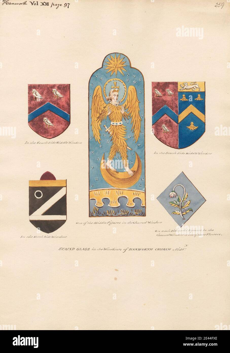 Daniel Lysons, 1762â–1834, British, vetrate nella chiesa di Hanworth, tra il 1796 e il 1811. Penna e inchiostro nero, acquerello e gouache su grafite media, leggermente testurizzata, carta wove crema. Soggetto architettonico , chiesa , monumento , vetrate , finestre. Feltham , Greater London , Hanworth , Londra , St Dunstan's Church , Regno Unito Foto Stock