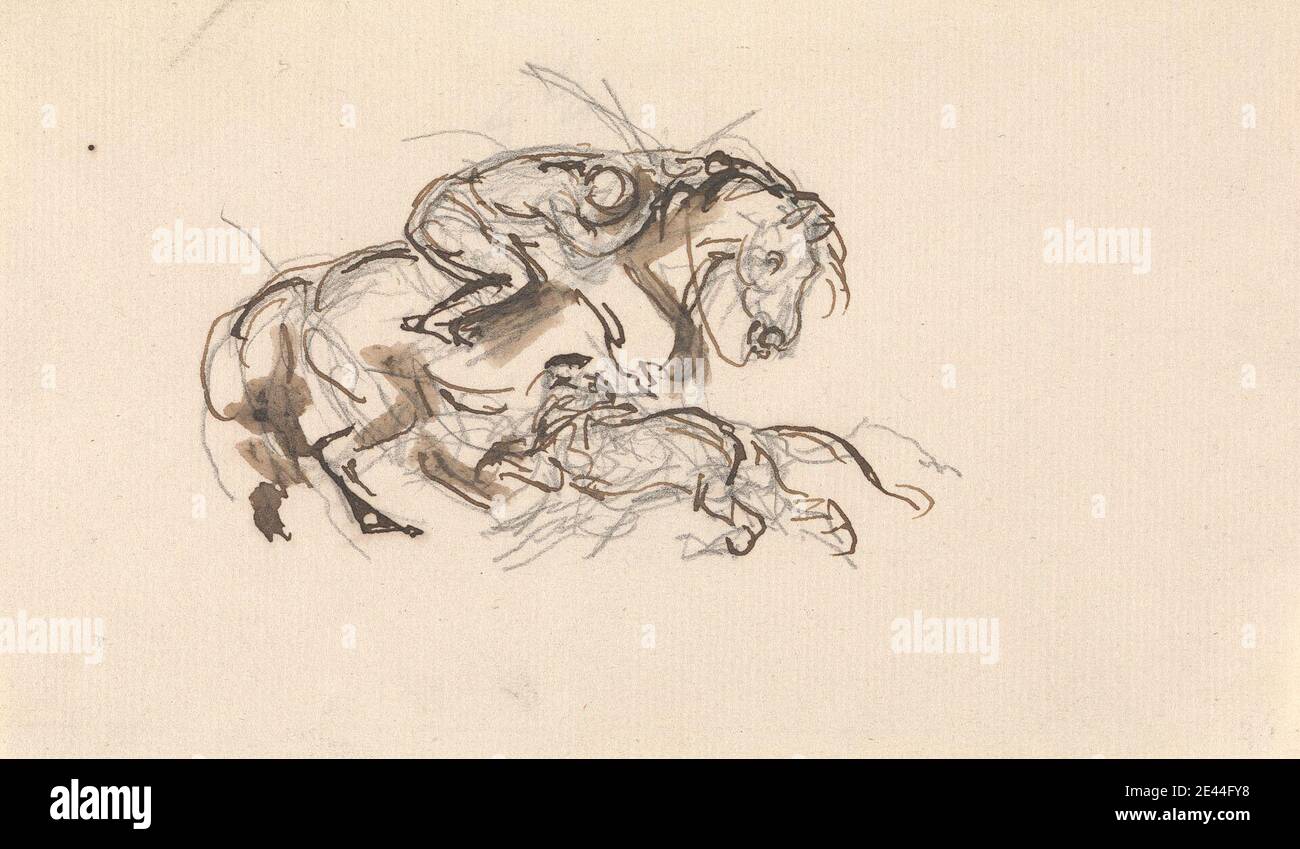 Sawrey Gilpin, 1733â–1807, British, Horse and Rider attaccati da un leone, non datati. Penna e inchiostro marrone con lavaggio marrone su grafite su carta media, leggermente testurizzata, crema di carta. Arte animale , attacco , equestre , cavallo (animale) , leone , arte sportiva Foto Stock