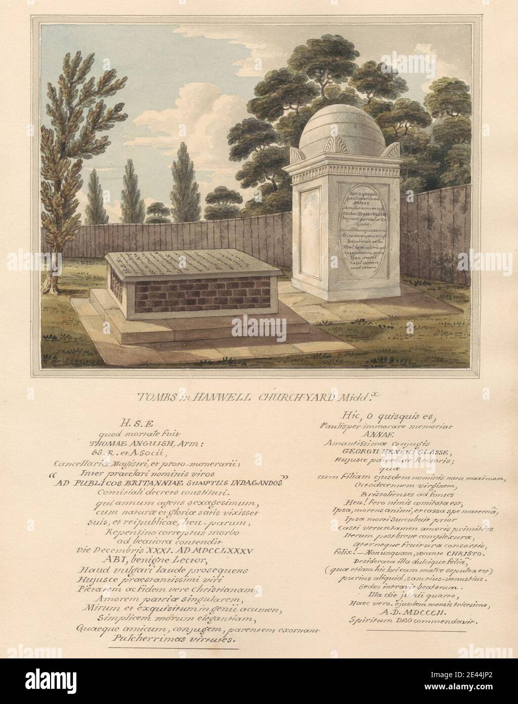 Daniel Lysons, 1762â–1834, British, Tombe di Thomas angoscia, e Anna Glasse, da Hanwell Churchyard, tra il 1796 e il 1811. Inchiostro nero e penna e acquerello su grafite su carta media, leggermente testurizzata, crema wove. Soggetto architettonico , chiesa , monumento , tombe. Inghilterra , Grande Londra , Hanwell , Londra , St. Mary's Church , Regno Unito Foto Stock