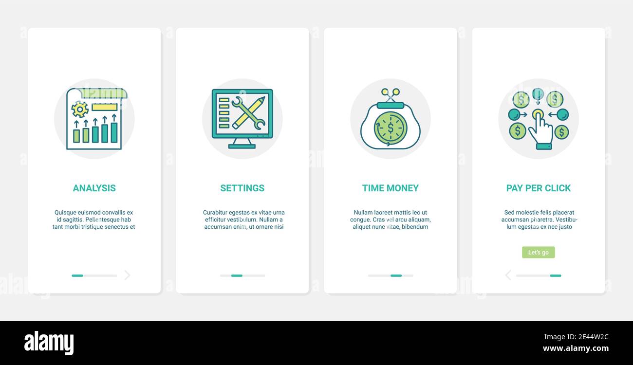 Digital media marketing analisi tecnologia illustrazione vettoriale. UX, UI onboarding mobile app page screen set con tempo di linea è denaro, pay per click simboli astratti, analisi impostazioni di mercato Illustrazione Vettoriale