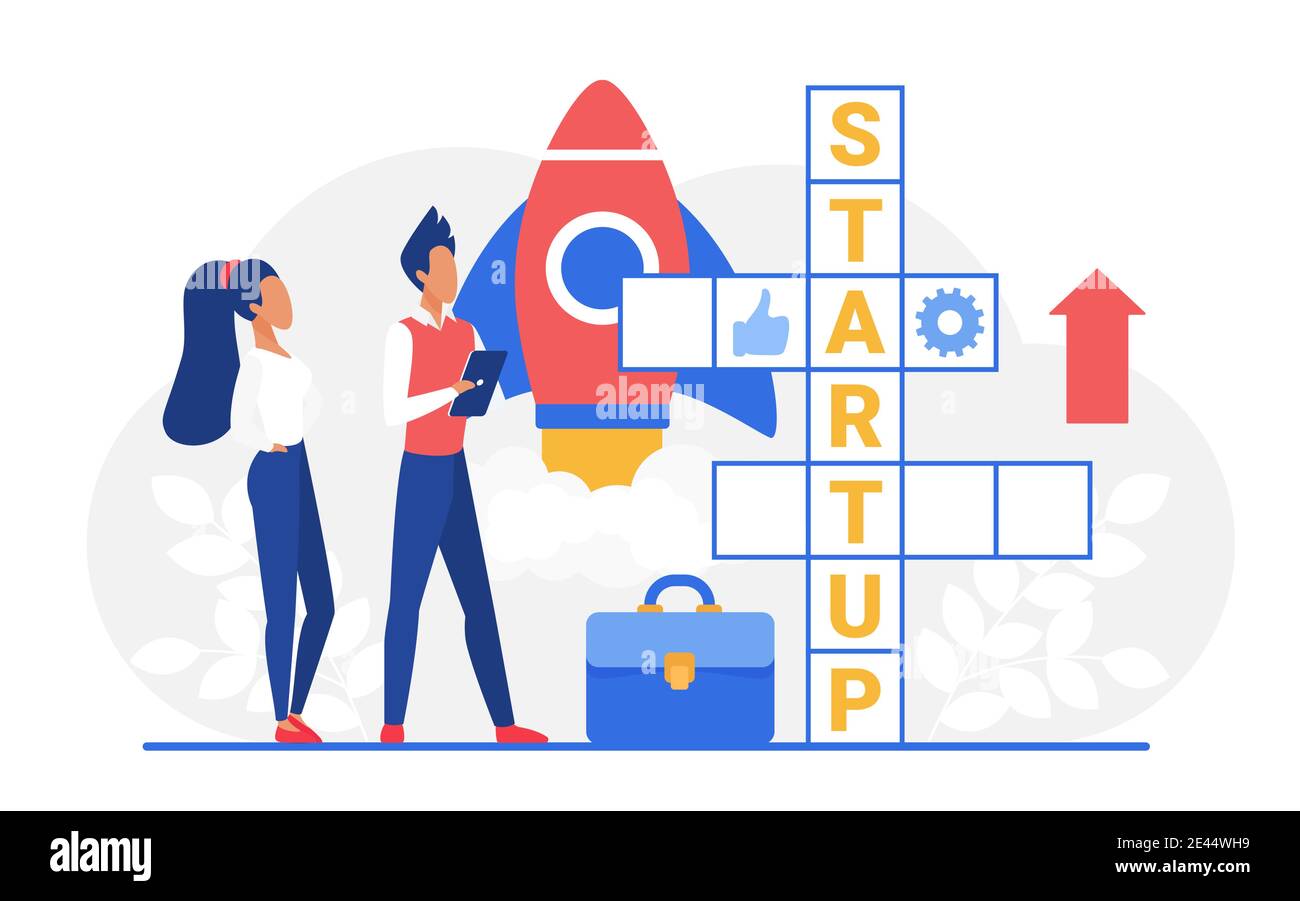 Illustrazione vettoriale crossword di avvio. I membri del team del personale di Cartoon si stanno accanto al puzzle crossword con la parola di avvio, iniziando un nuovo progetto di business, l'innovazione di successo idea isolato su bianco Illustrazione Vettoriale