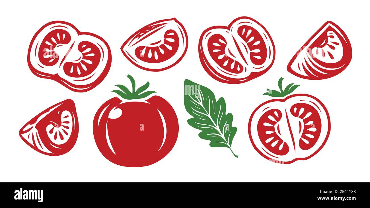 Set di simboli di pomodoro. Cibo, verdure a fette. Prodotto di mercato agricolo Illustrazione Vettoriale