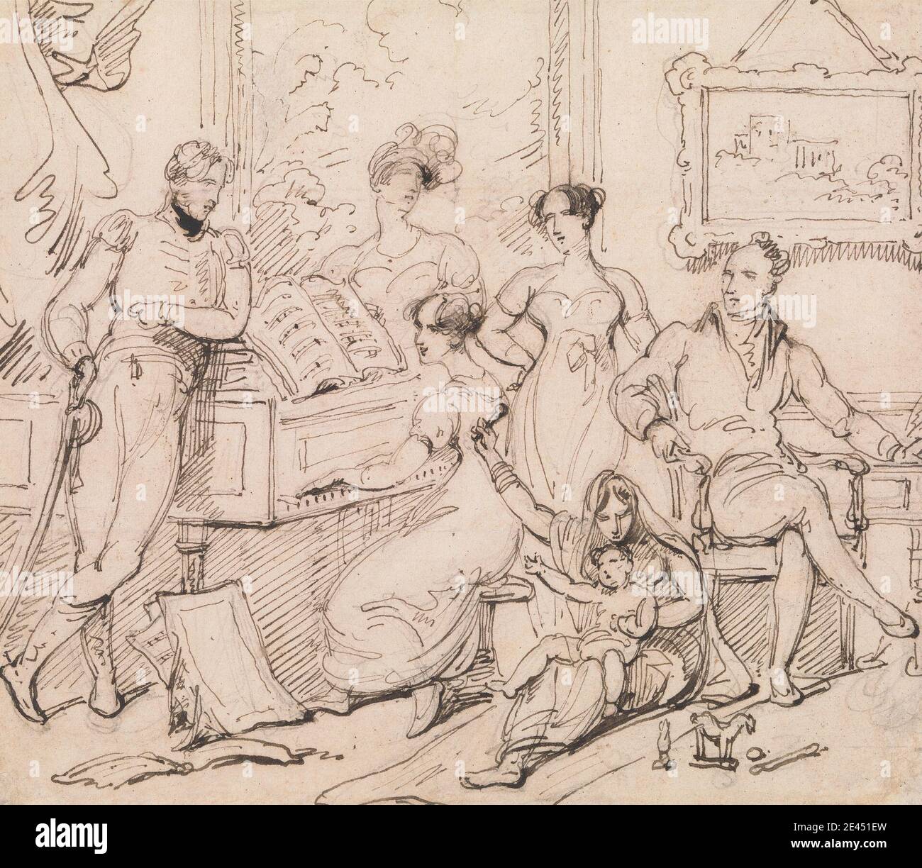 George Chinnery, 1774â–1852, British, UN gruppo familiare intorno a un piano, tra il 1812 e il 1815. Penna e inchiostro nero su carta media, leggermente testurizzata, crema wove. Bambino , sedie , famiglia , studio della figura , soggetto del genere , uomini , musica , pianoforte , donne Foto Stock