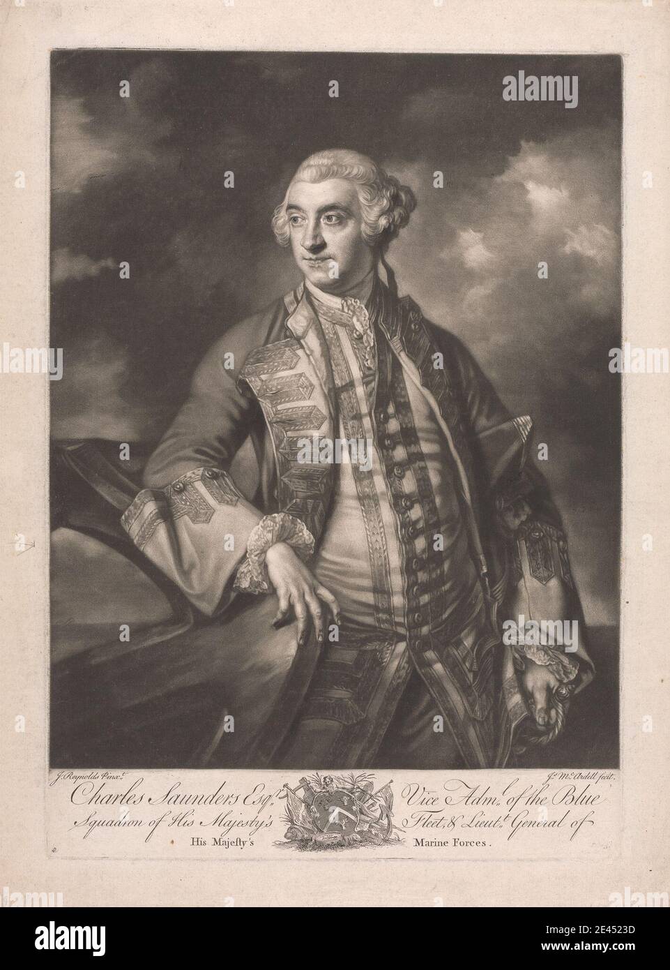James McArdell, ca. 1729â–1765, irlandese, Charles Saunders Esq., vice-ammiraglio dello Squadrone Blu della flotta di sua Maestà, e tenente generale delle forze marine di sua Maestà. Mezzotinta. Foto Stock