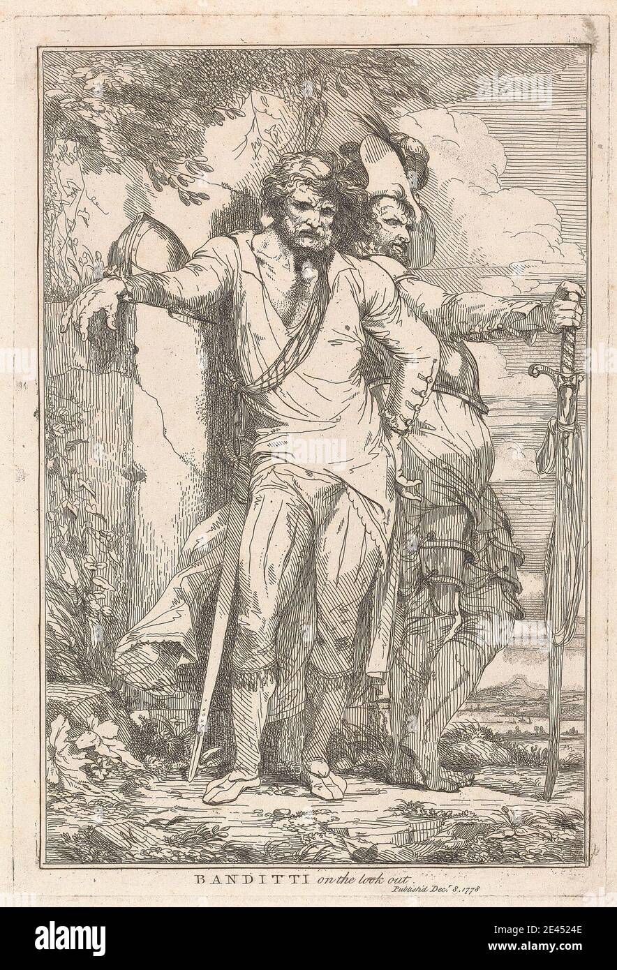 John Hamilton Mortimer, 1740â–1779, British, Banditti sul punto di osservazione (n.5 da quindici Etchings dedicato a Sir Joshua Reynolds), 1778. Incisione. Foto Stock