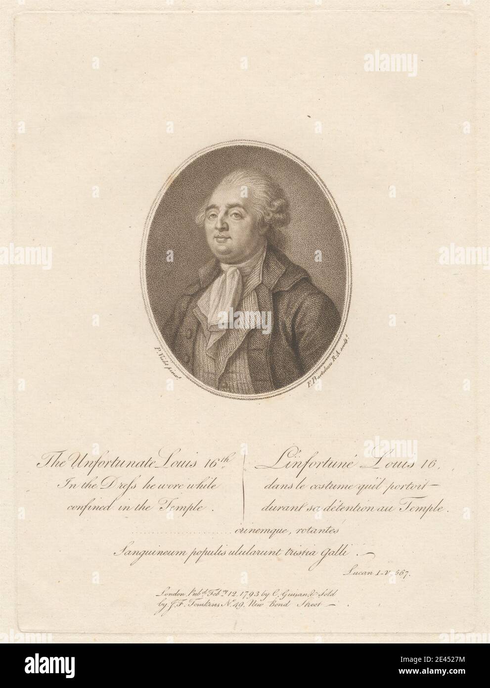 Stampa di Francesco Bartolozzi RA, 1728â–1815, italiano, attivo in Gran Bretagna (1764â–99), Luigi XVI, 1793. Mezzotint e incisione su carta media, leggermente testurizzata, crema posata. Cappotto , istituzione correttistica , costume , cravat , fortezza , Rivoluzione francese, 1789-1799 , re (persona) , uomo , ovale , ritratto , prigione , gilet. Luigi XVI (1754â-1793), re di Francia Foto Stock