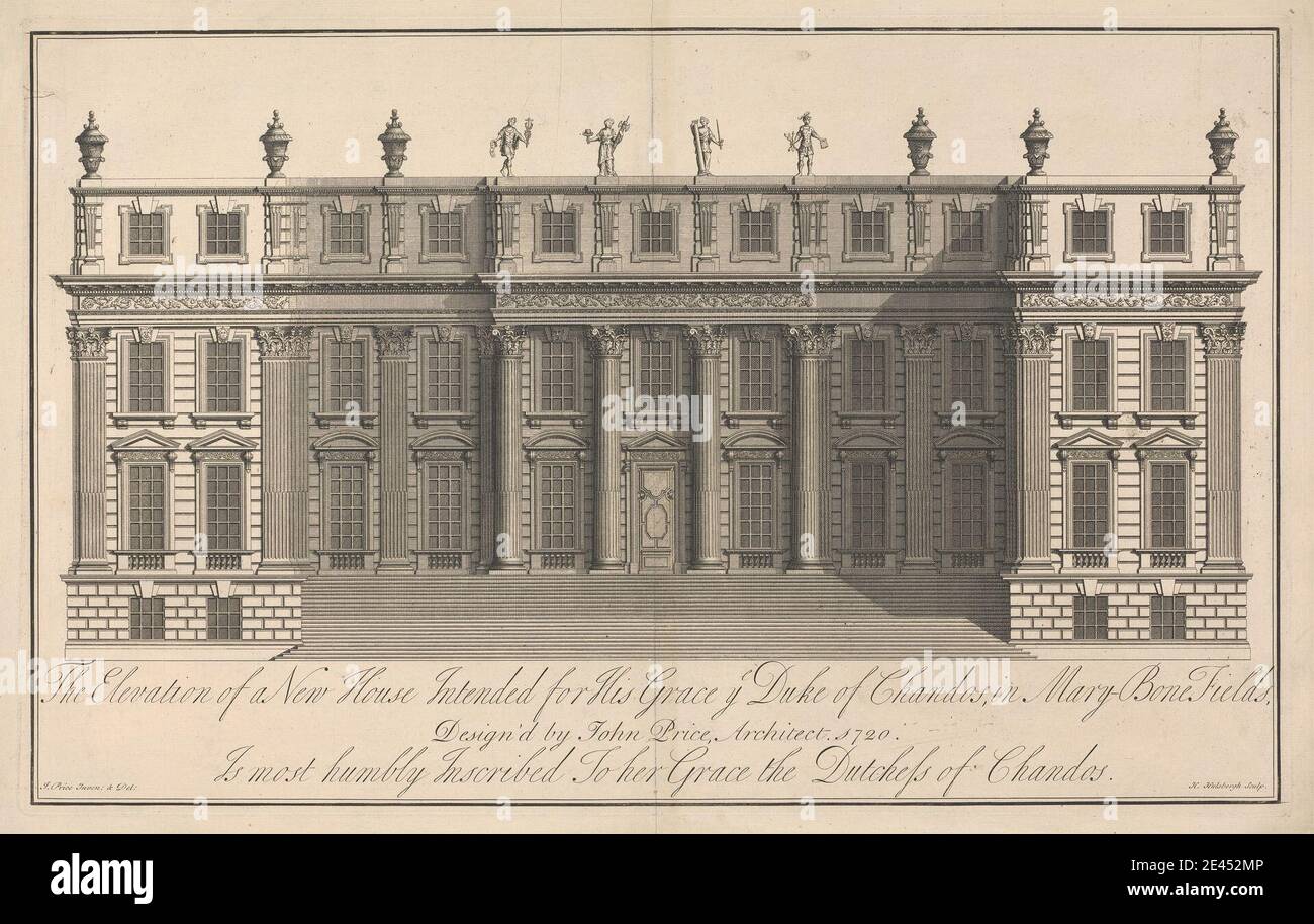 Henry Hulsberg, morto nel 1729, olandese, attivo a Londra, l'elevazione di una Nuova Casa destinata a sua Grazia Duca di Chandos, in Mary Bone Fields, 1720. Incisione. Foto Stock
