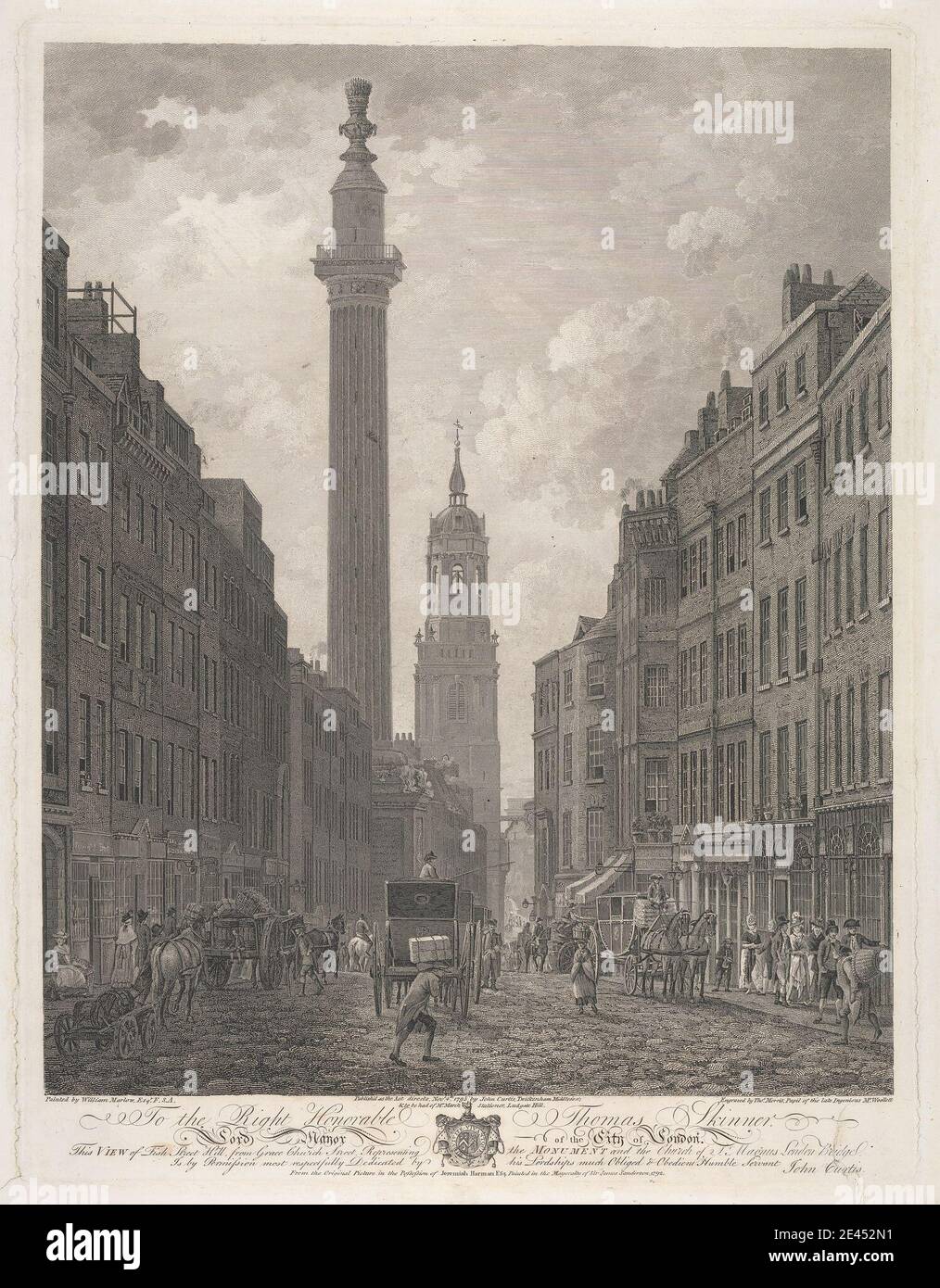 Thomas Morris, attiva 1771â 1794, questa vista di Fish Street Hill da Grace Church Street che rappresenta il monumento, 1795. Incisione. Foto Stock