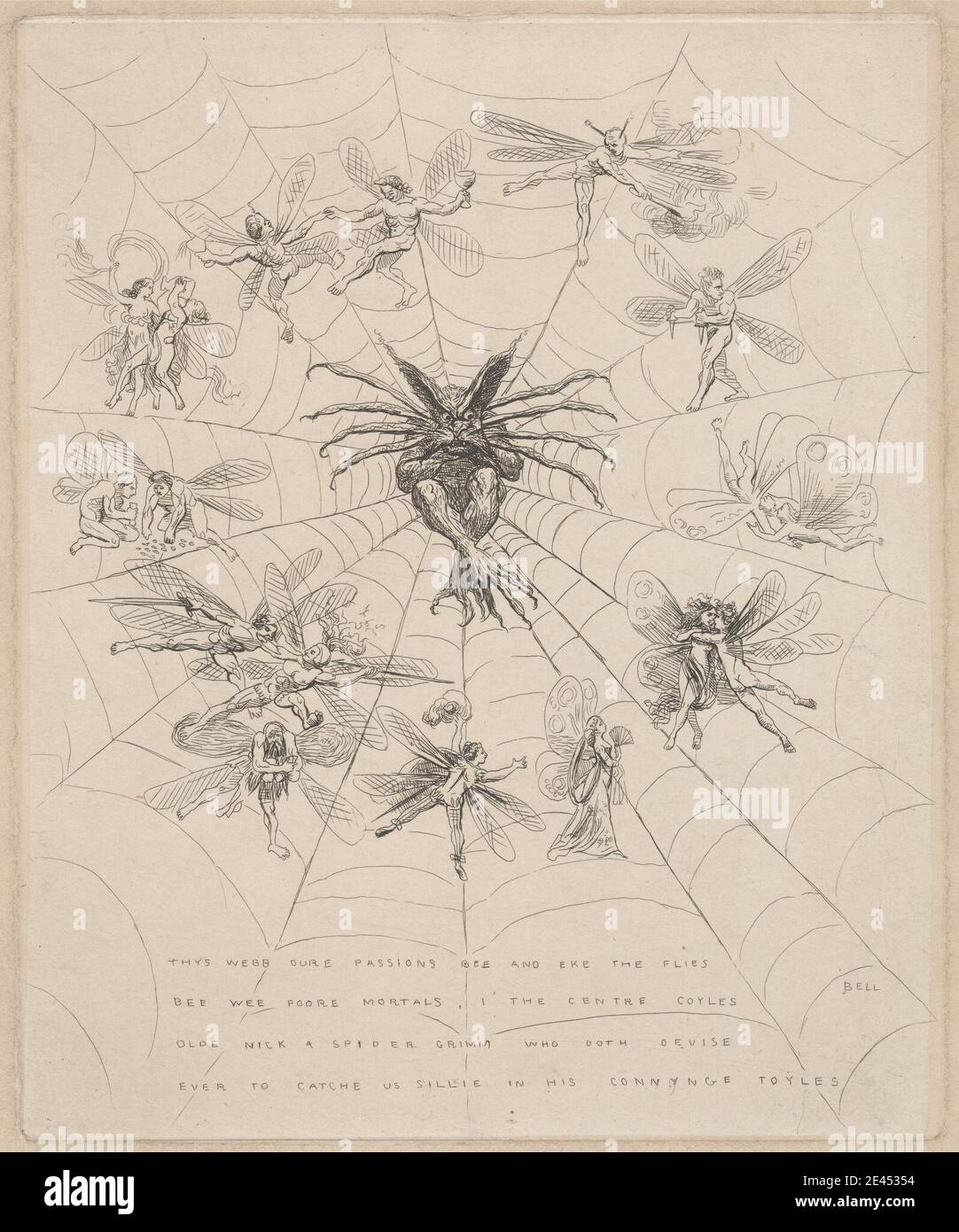 Stampa realizzata da John Bell, 1811â–1895, British, The Web, Undated. Incisione su carta wove beige di spessore moderato, leggermente testurizzata con crema di collÃ©. Allegoria , costume , danza , diavolo , fate , tifosi , lotta , fuoco , soggetto storico , immaginazione , baciare , coltelli , personificazione , poesia , lancia , ragno , web ragno , spade , ali. demone Foto Stock