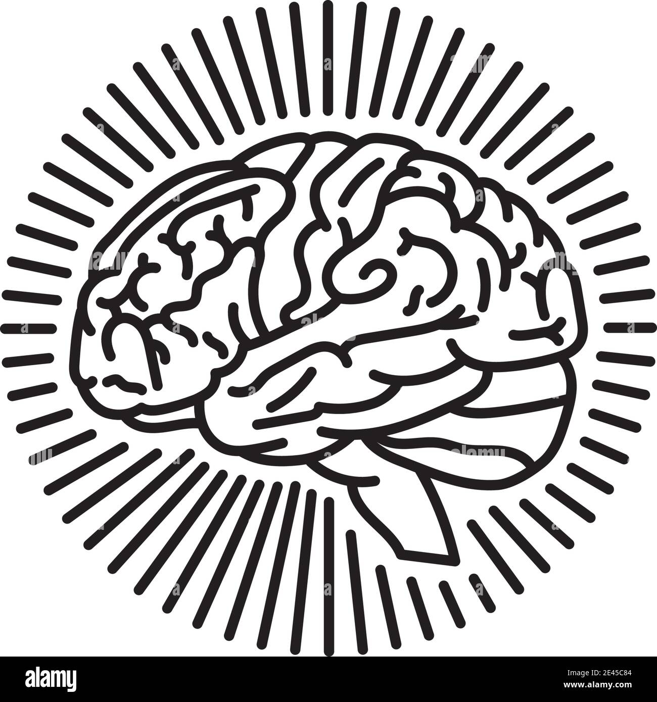 Cervello umano circondato da raggi icona della linea vettoriale per la Giornata della consapevolezza della concussione il 18 settembre. Simbolo di trauma pericoloso della testa. Illustrazione Vettoriale