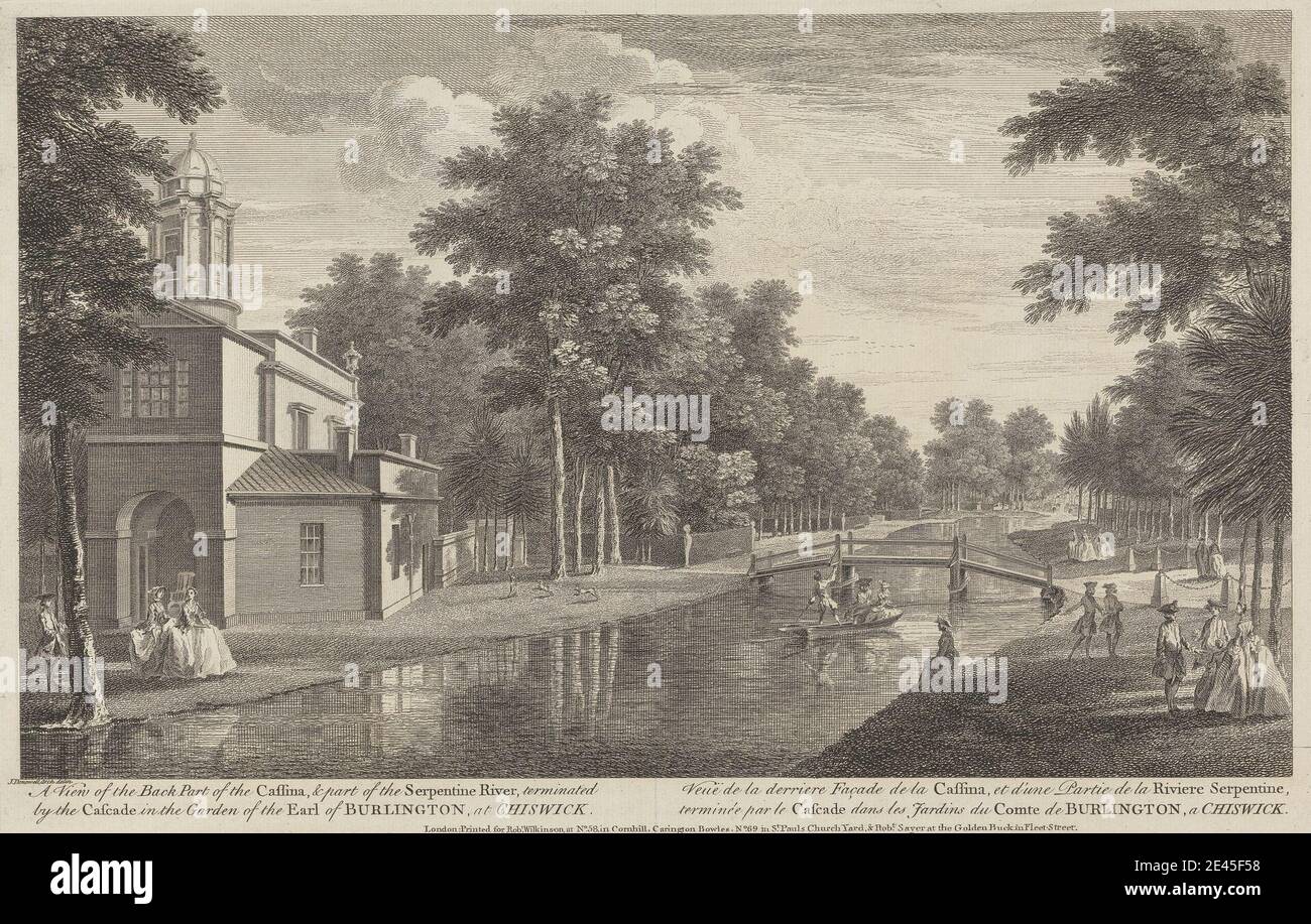 Stampa di artista sconosciuto, XVIII secolo, retro della Cassina e parte del fiume serpentino di Chiswick House, ca. 1753. Incisione. Foto Stock