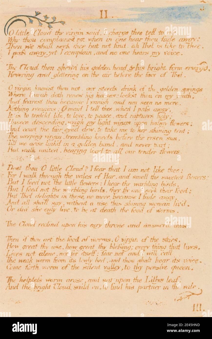 Stampa realizzata da William Blake, 1757â–1827, British, The Book of Thel, Plate 5, II / o Little Cloud.. ., 1789. Incisione in rilievo stampata in marrone con penna e inchiostro e acquerello su carta di wove crema di spessore moderato, leggermente testurizzata. Fiori (piante) , tema letterario , testo , viti Foto Stock