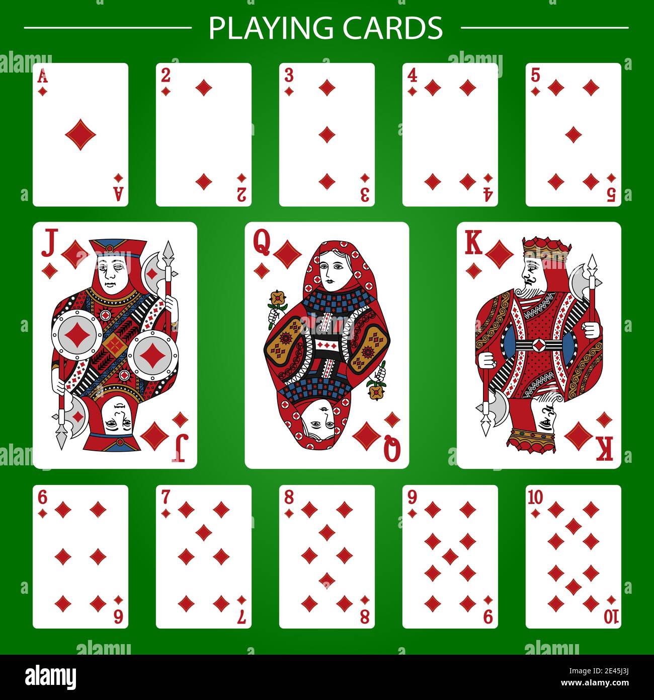 Carte da gioco di Diamonds suit su sfondo verde. Illustrazione vettoriale. Design originale. Illustrazione Vettoriale