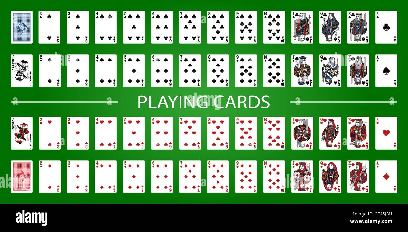 Set di poker con carte isolate su sfondo verde. Carte da poker, mazzo completo. Illustrazione Vettoriale
