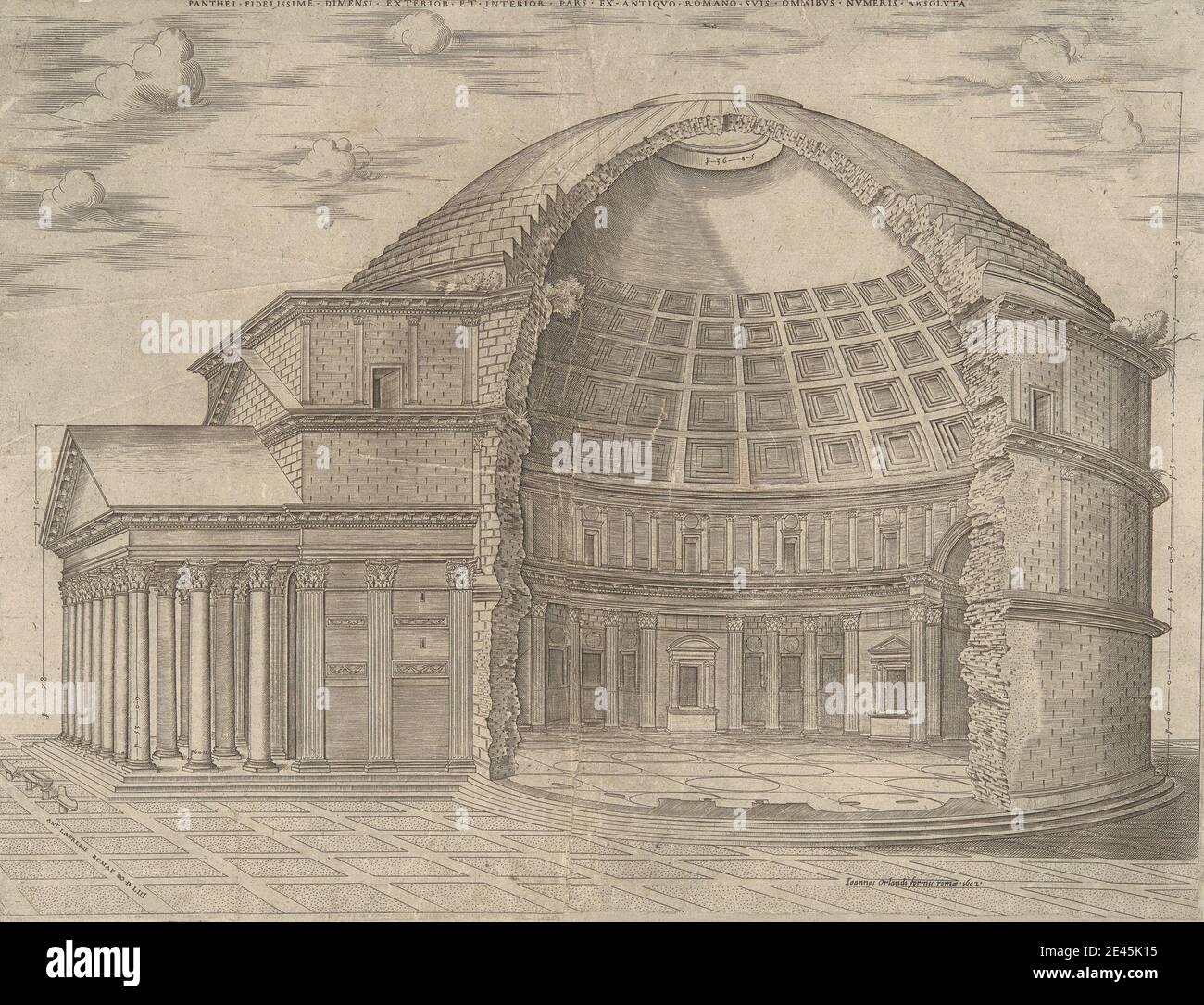 Stampa realizzata da artista sconosciuto, XVI secolo, Panthei Fidelissime dimensioni Exterior et Interior, 1553. Incisione e incisione su carta sottile, leggermente testurizzata, color crema. Soggetto architettonico , chiesa , paesaggio urbano , sezione trasversale , oculus , tempio. Europa , Italia , Lazio , Pantheon (Roma) , Roma Foto Stock