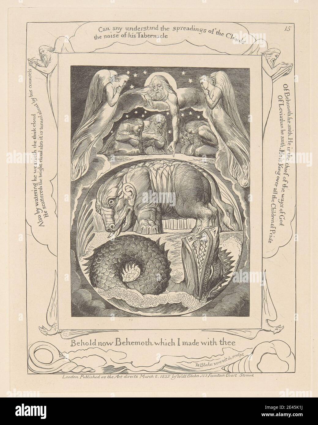 William Blake, 1757â–1827, British, Book of Job, Plate 15, Behemoth e Leviathan, 1825. Incisione a filo su carta di media consistenza, leggermente ruvida, color crema. Foto Stock