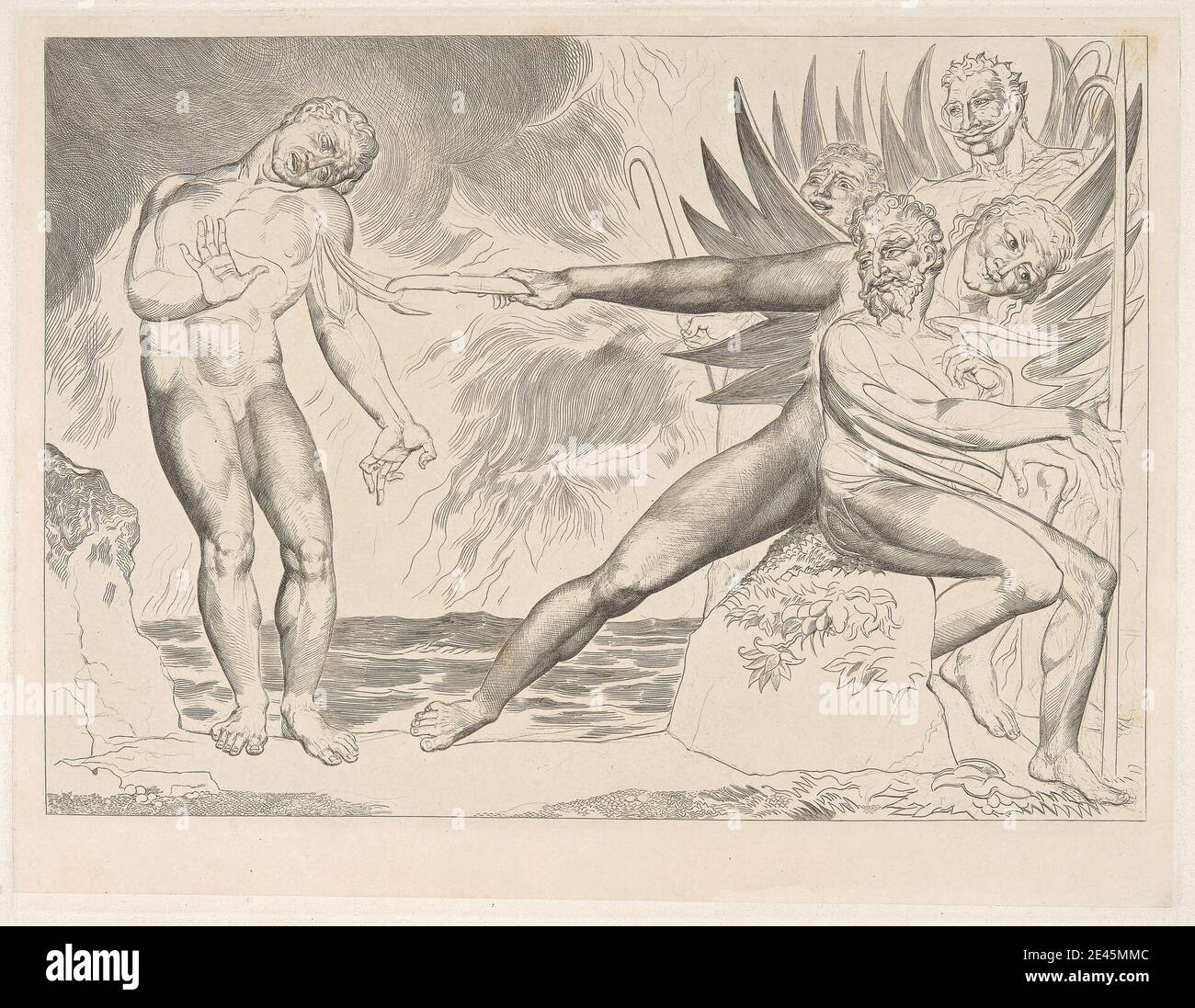 William Blake, 1757â–1827, inglese, Pl. 2: Ciampolo tormentato dai Diavoli ['...seiz'd sul suo braccio, / e mangled ha portato via la parte sinewy." Inferno; canto xxii. Linea 70.], 1827. Incisione di linea su carta media, leggermente testurizzata, color crema wove India proof. Foto Stock