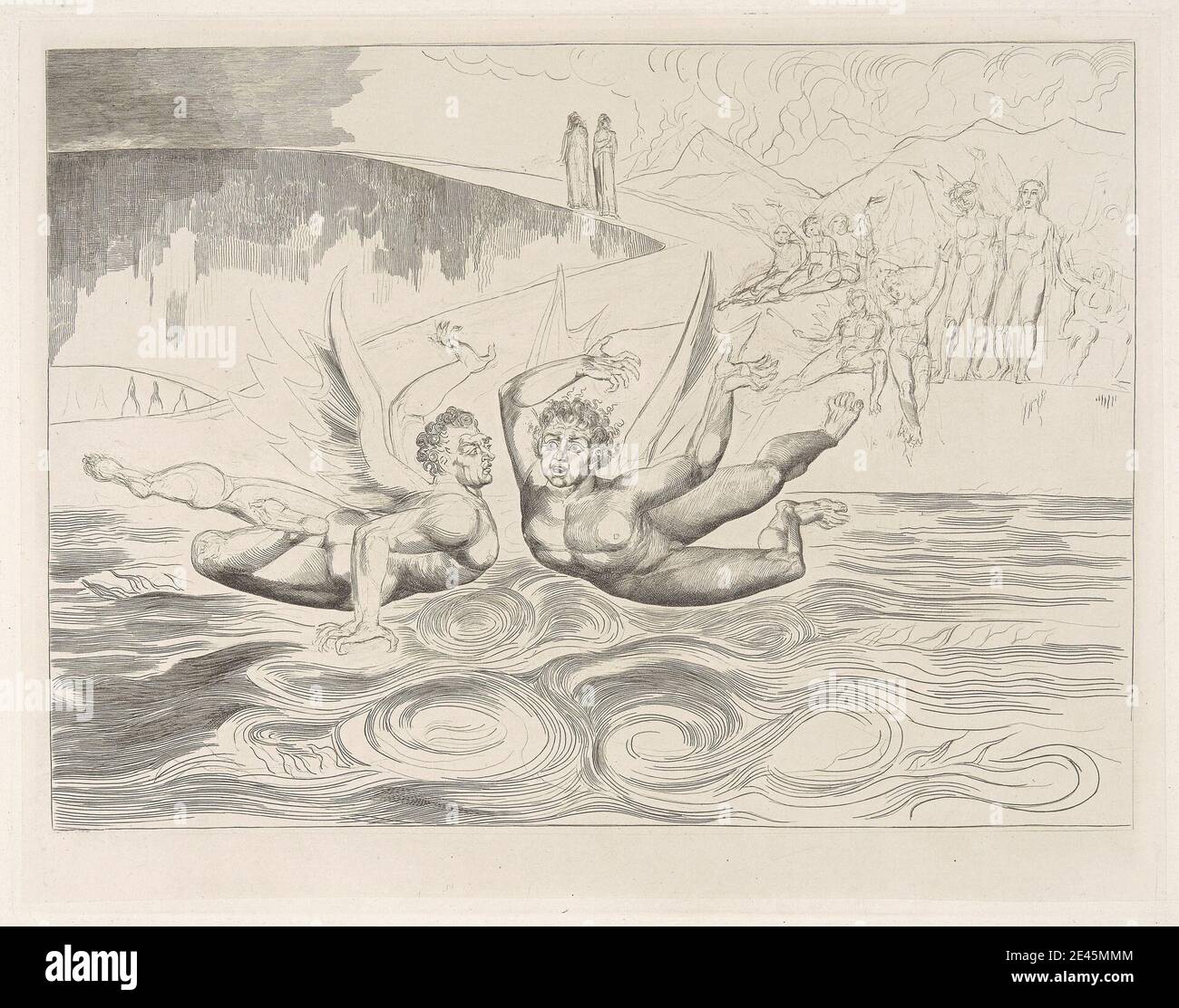 William Blake, 1757â–1827, inglese, Pl. 3: Devils sconcertati combattimenti [' ... così turn'd/ i suoi taloni sul suo compagno.' Inferno; canto xxii. Linea 135], 1827. Incisione di linea su carta media, leggermente testurizzata, color crema wove India proof. Foto Stock