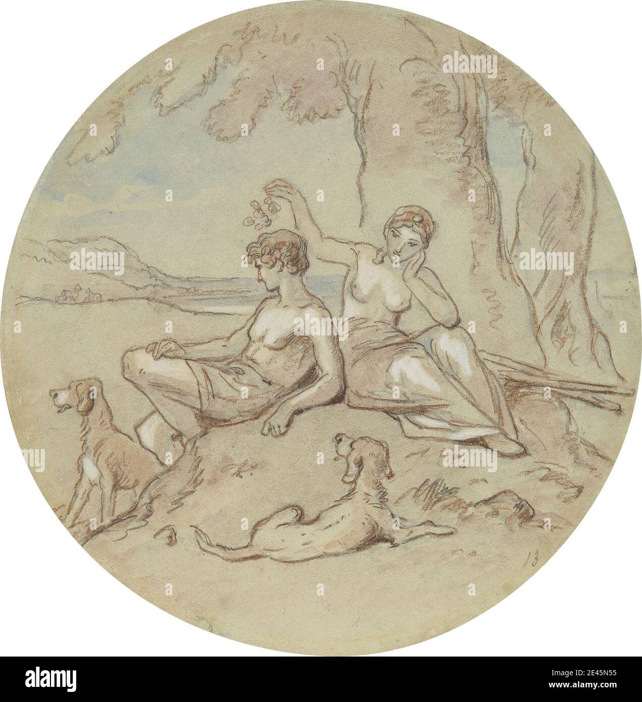 Hablot Knight Browne, 1815â–1882, inglese, uno dei diciotto disegni di una serie di tavole che illustrano Venus e Adonis, senza disegno. Grafite, gesso bruno, acquerello e gouache su carta media, testurizzata, grigia wove. Cani da caccia , paesaggio , amanti , reclinazione , soggetto religioso e mitologico. Venere Adonis Foto Stock