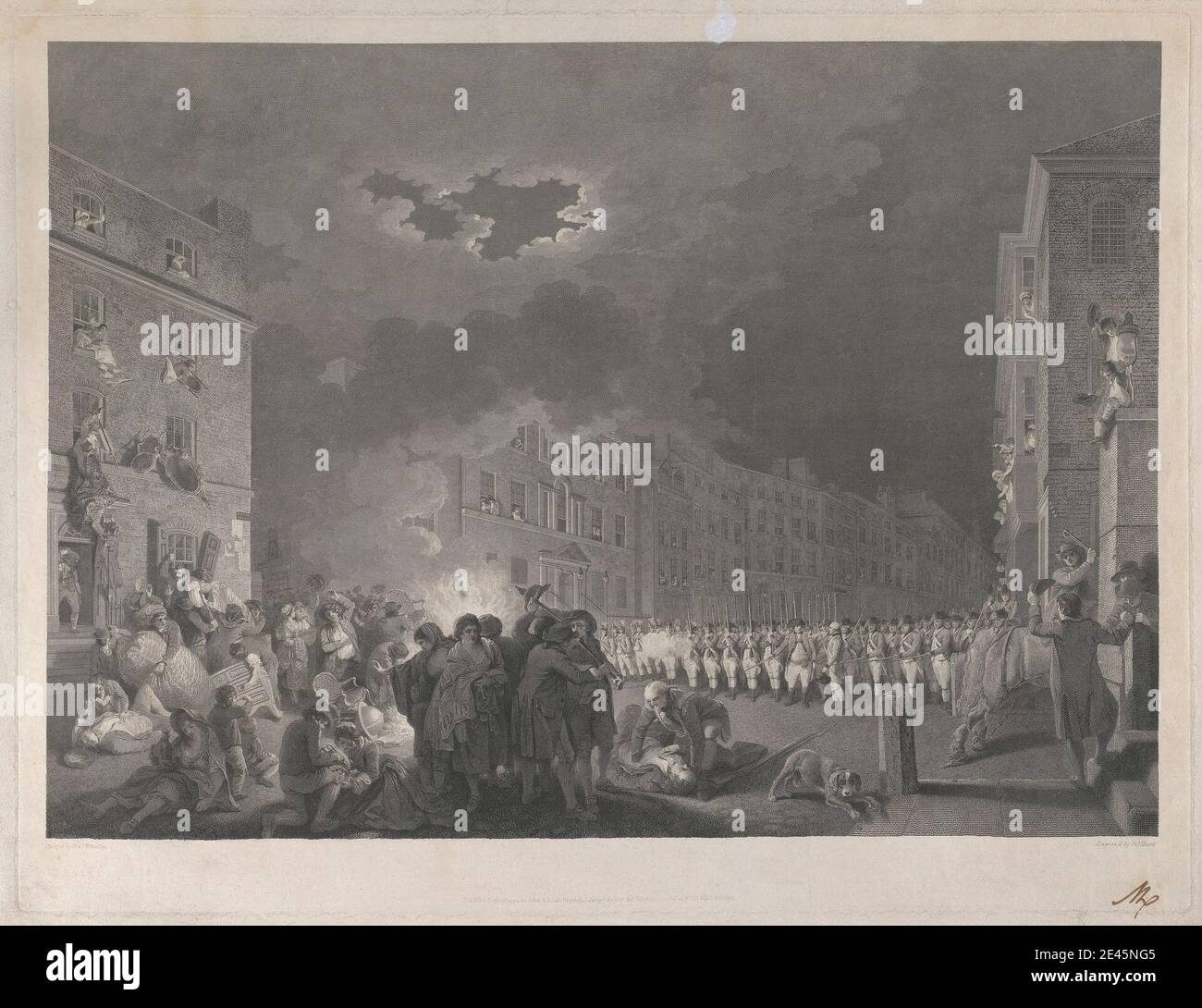 Stampa realizzata da James Heath, 1757â–1834, British, The Riot in Broad Street il 7 giugno 1780, 1790. Incisione e incisione, a colori e a mano. Paesaggio urbano , soggetto storico , sommossa , fumo Foto Stock