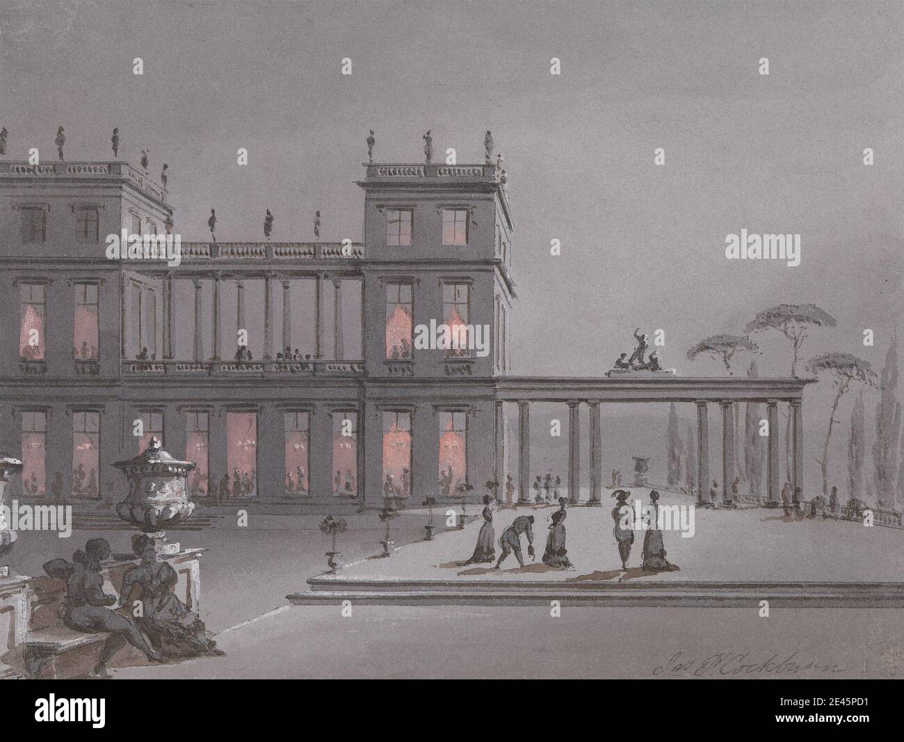 James Pattison Cockburn, 1778â–1847, inglese, un italiano Fete: Figure sulla terrazza di un palazzo, non datato. Penna e inchiostro nero, lavaggio grigio, e gouache su carta media, moderatamente testurizzata, wove grigio. Soggetto architettonico , Grand Tour , palazzo , persone , terrazza. Europa , Italia Foto Stock