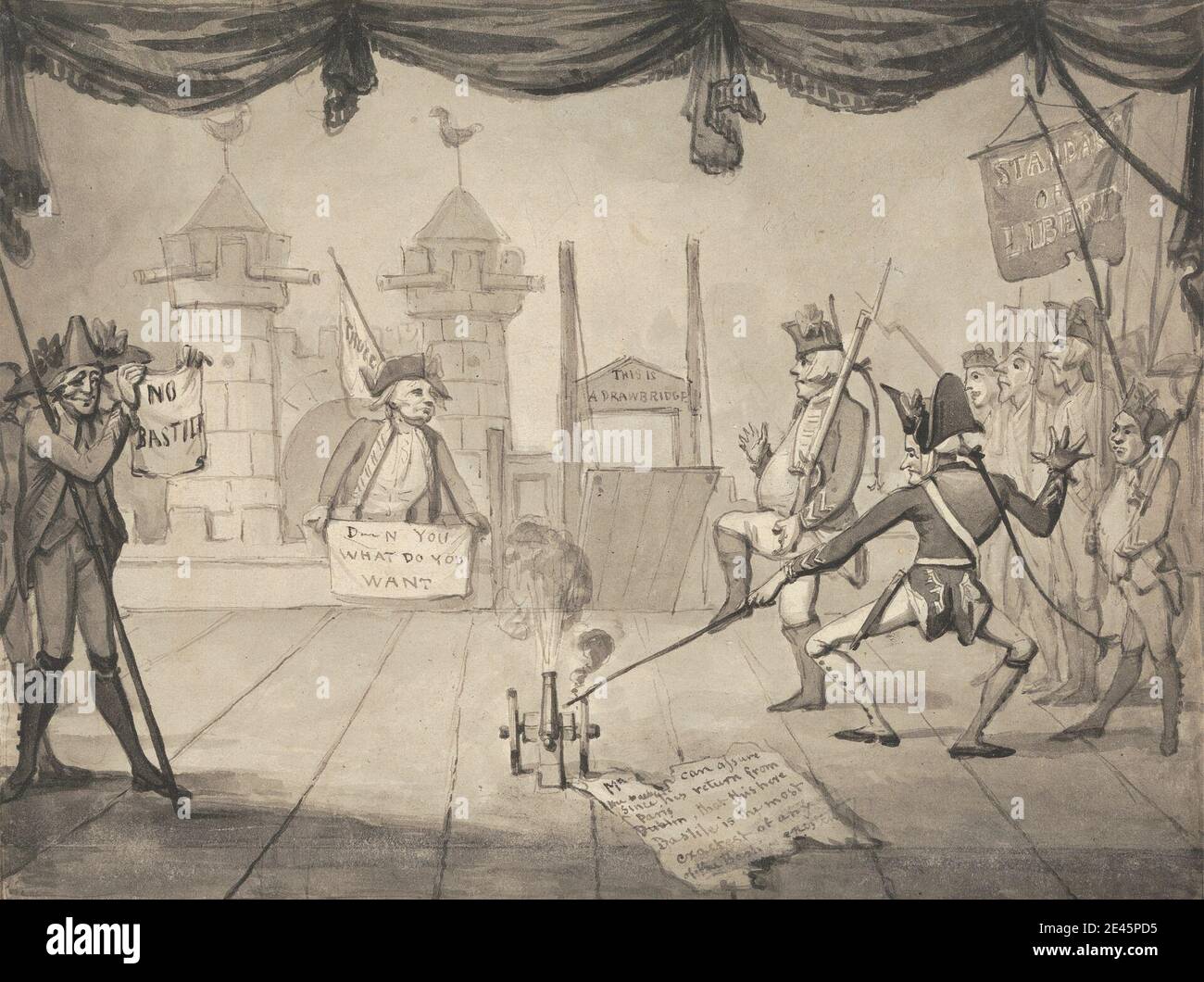 Samuel Collings, attivo 1784â–1795, inglese, una versione Ampitheatrical della caduta della Bastiglia, senza titolo. Penna e inchiostro nero e grigio lavano su carta media, moderatamente testurizzata, crema wove. Attori , genere soggetto , soldati , palco , teatro Foto Stock
