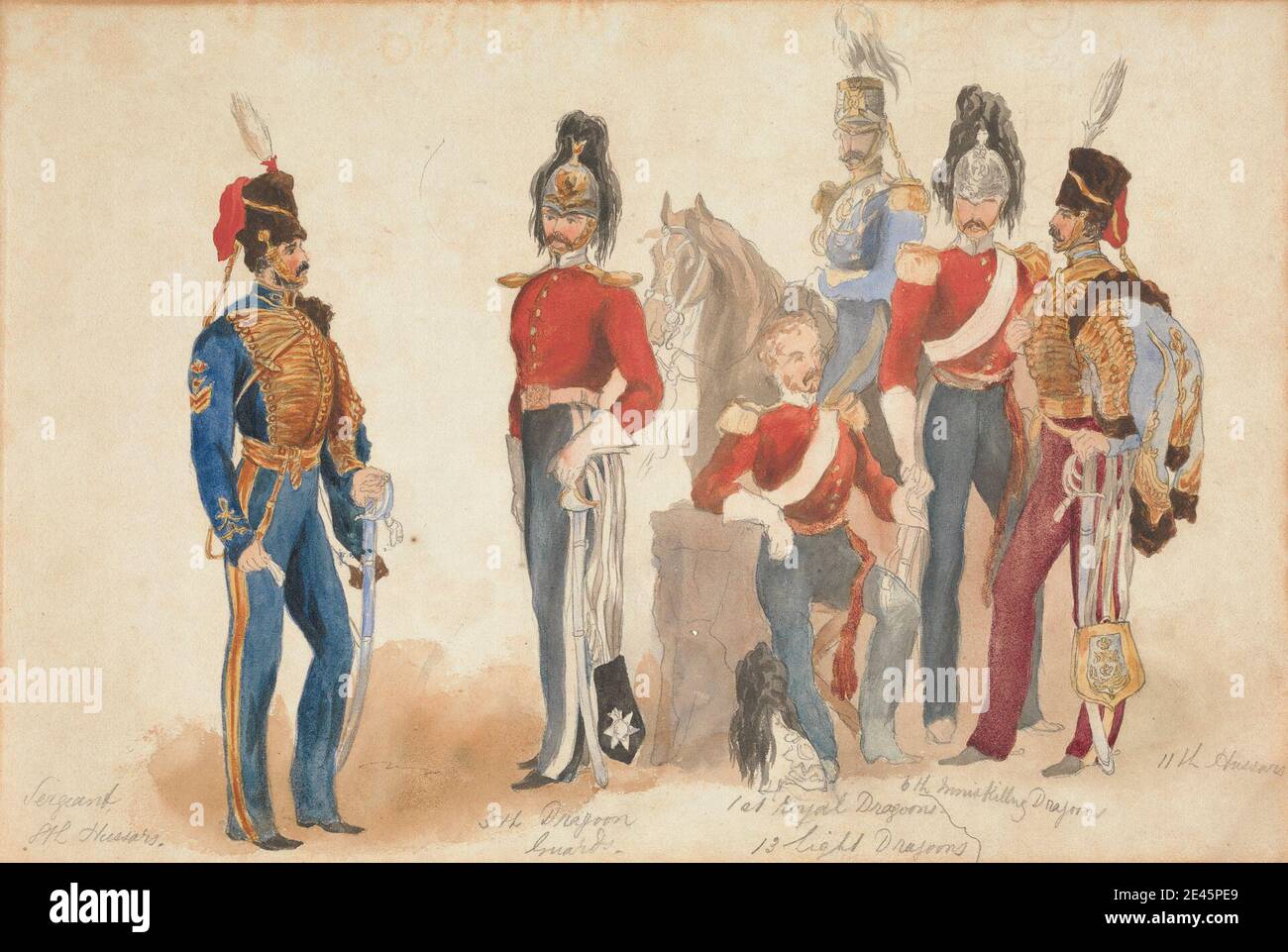 Arthur Claude Cooke, 1867â-"op 1890, British, inglese Dragoons e Hussars, undated. Acquerello e grafite su carta media, moderatamente testurizzata, bianca. Cavallo (animale) , ritratto , soldati , uniforme Foto Stock