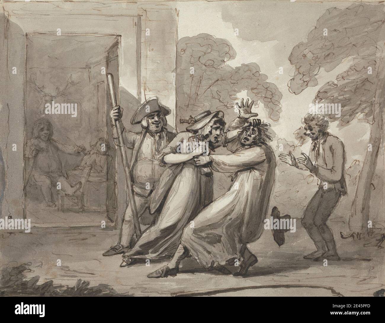 Samuel Collings, attivo 1784â–1795, britannico, le lotte della virtù, spogliato. Penna e inchiostro nero con grafite e lavaggio grigio su carta media, moderatamente testurizzata, wove bianca. cappello , soldati , albero , virtù Foto Stock