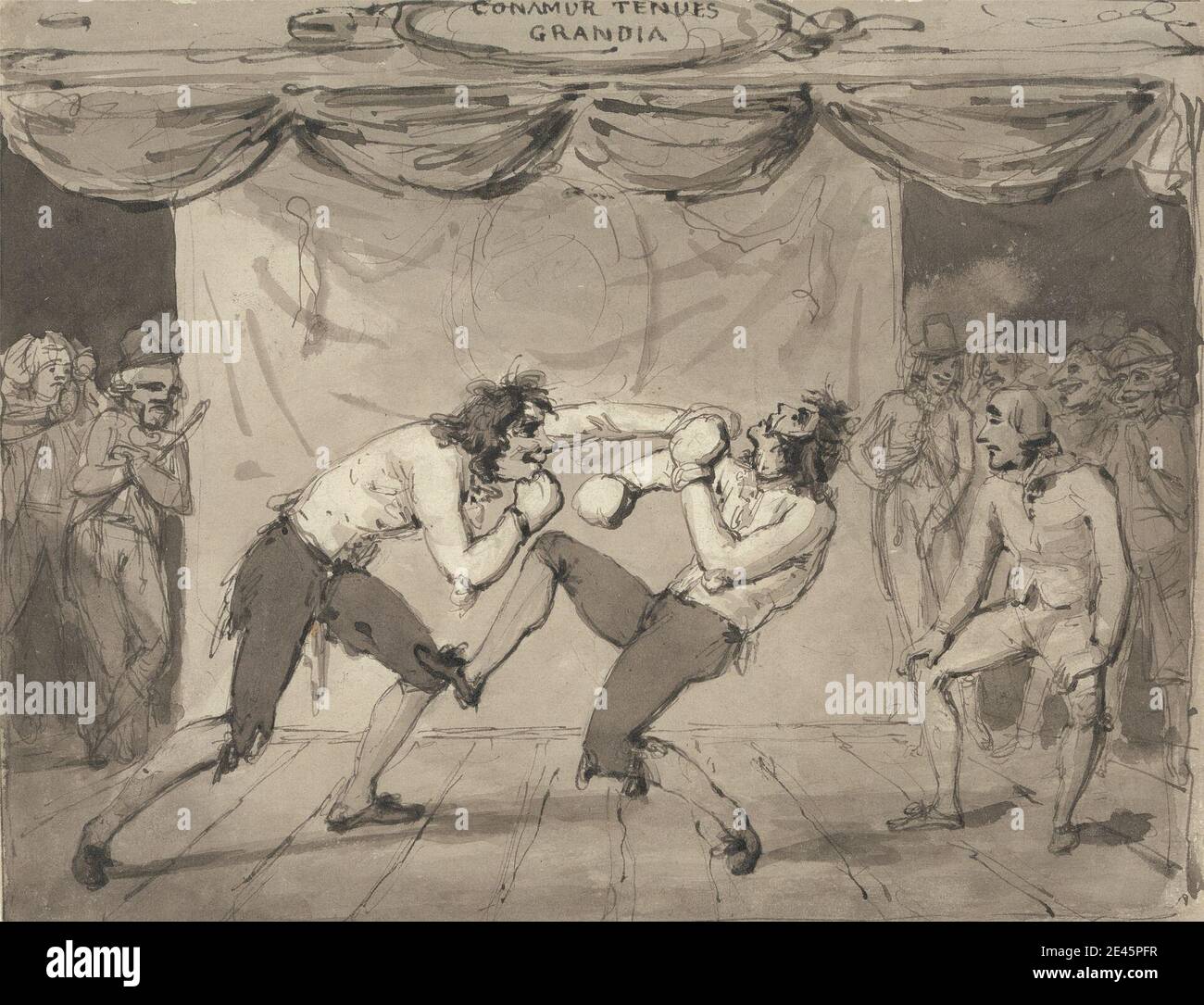 Samuel Collings, attivo 1784â–1795, britannico, gentile Amusement of Brute Beasts al Lyceum, non datato. Penna e inchiostro nero con lavaggio grigio su carta media, leggermente testurizzata, grigia wove. Boxe , genere soggetto , lyceum , spettatori , palcoscenico Foto Stock