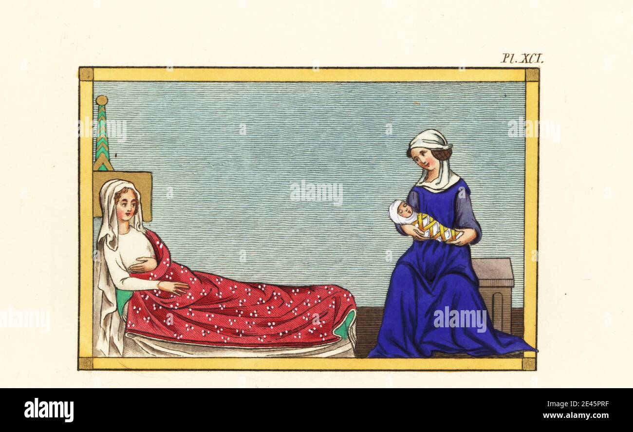 La camera delle Signore, 14 ° secolo. Donna che dorme a letto con ricchi copriletto F.153r, la Donna minacciata dal Drago a sette teste, Rev. 12: 4-5, nell'Apocalisse di Welles, Royal MS 15 D II. Nursemaid con bambino in abiti da rondere, F.010r, da una Bibbia scolastica di Petrus Comestor e Guyart Desmoulins, Bodleian Library, MS Douce 211. Incisione a mano di Joseph Strutt dalla sua visione completa del vestito e delle abitudini del popolo d'Inghilterra, Henry Bohn, Londra, 1842. Foto Stock
