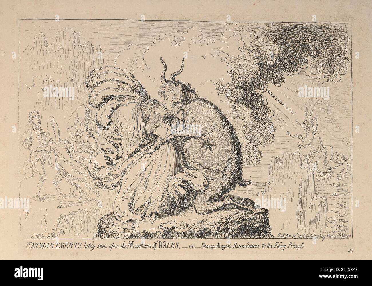 James Gillray, 1757â–1815, British, Enchantments recentemente visto sulle montagne del Galles, - o - la riconciliazione di Shon-ap-Morgan alla principessa della fata, 1796. Incisione. Foto Stock